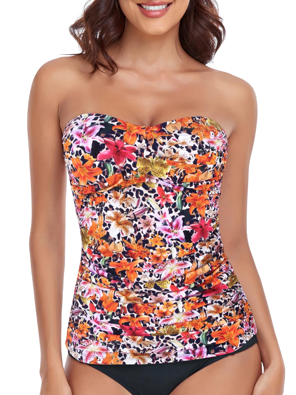 RELLECIGA Women's Tummy Control Tankini Top Bandeau Strapless Swim Tops