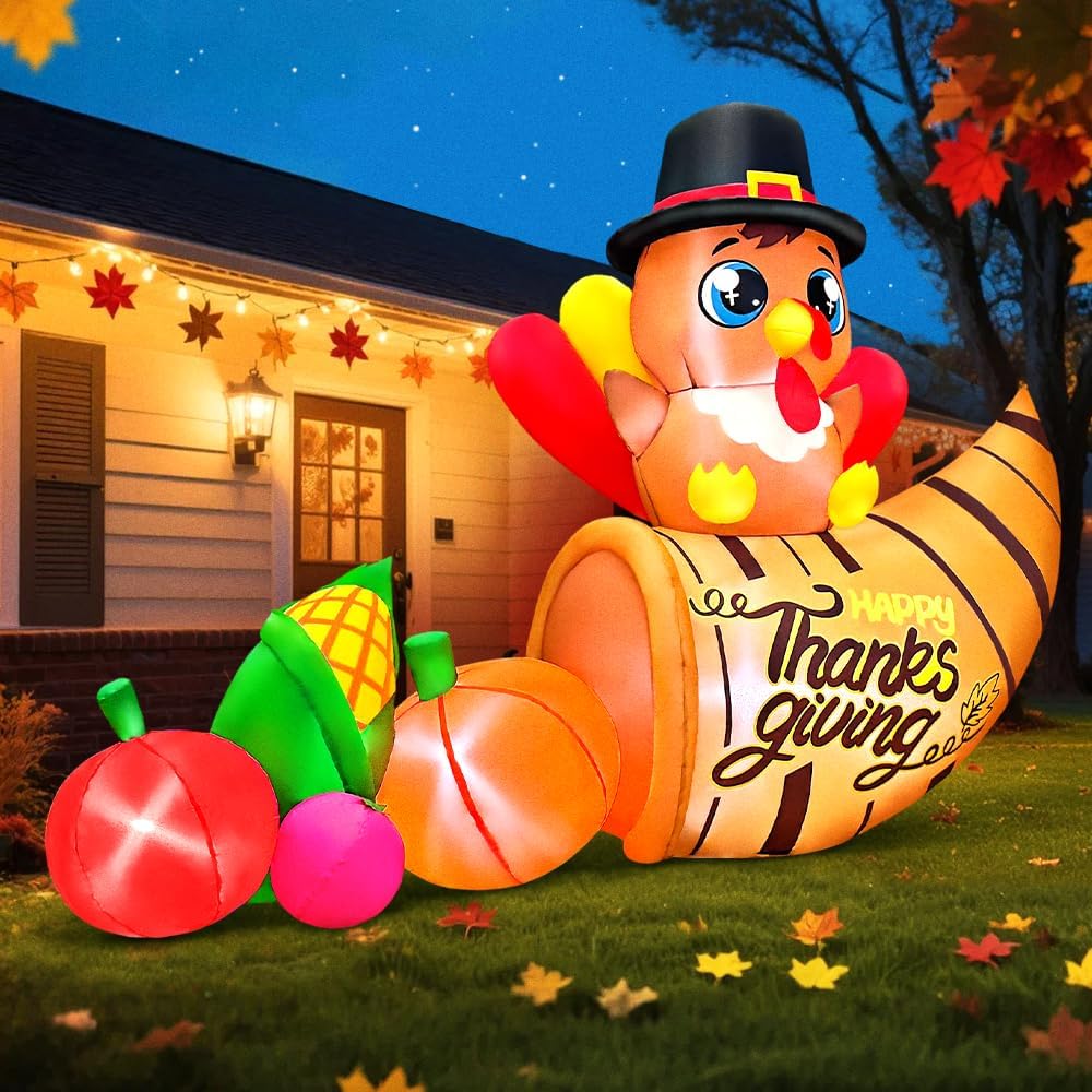 6FT Thanksgiving Inflatables Outdoor Decoration Inflatable Turkey with Cornucopla, Built in LED Lights Blow Up Yard Decorations for Fall Holiday Party Garden Lawn Décor