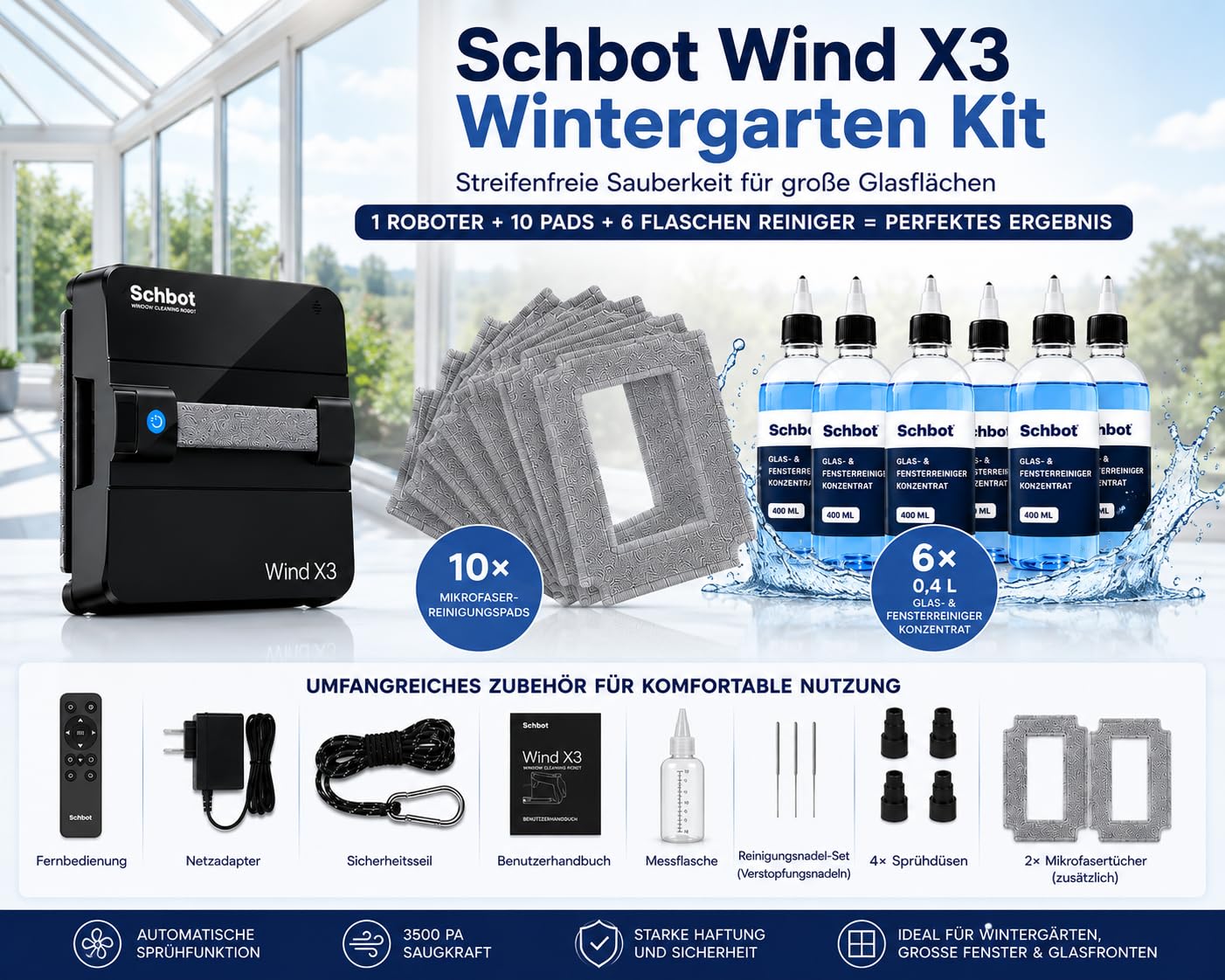 Wind X3 Wintergarten Kit – Fensterputzroboter mit Sprühfunktion für Wintergarten über Kopf, 10 Mikrofaser-Reinigungspads und 6 × 0,4 L Glas- & Fensterreiniger Konzentrat