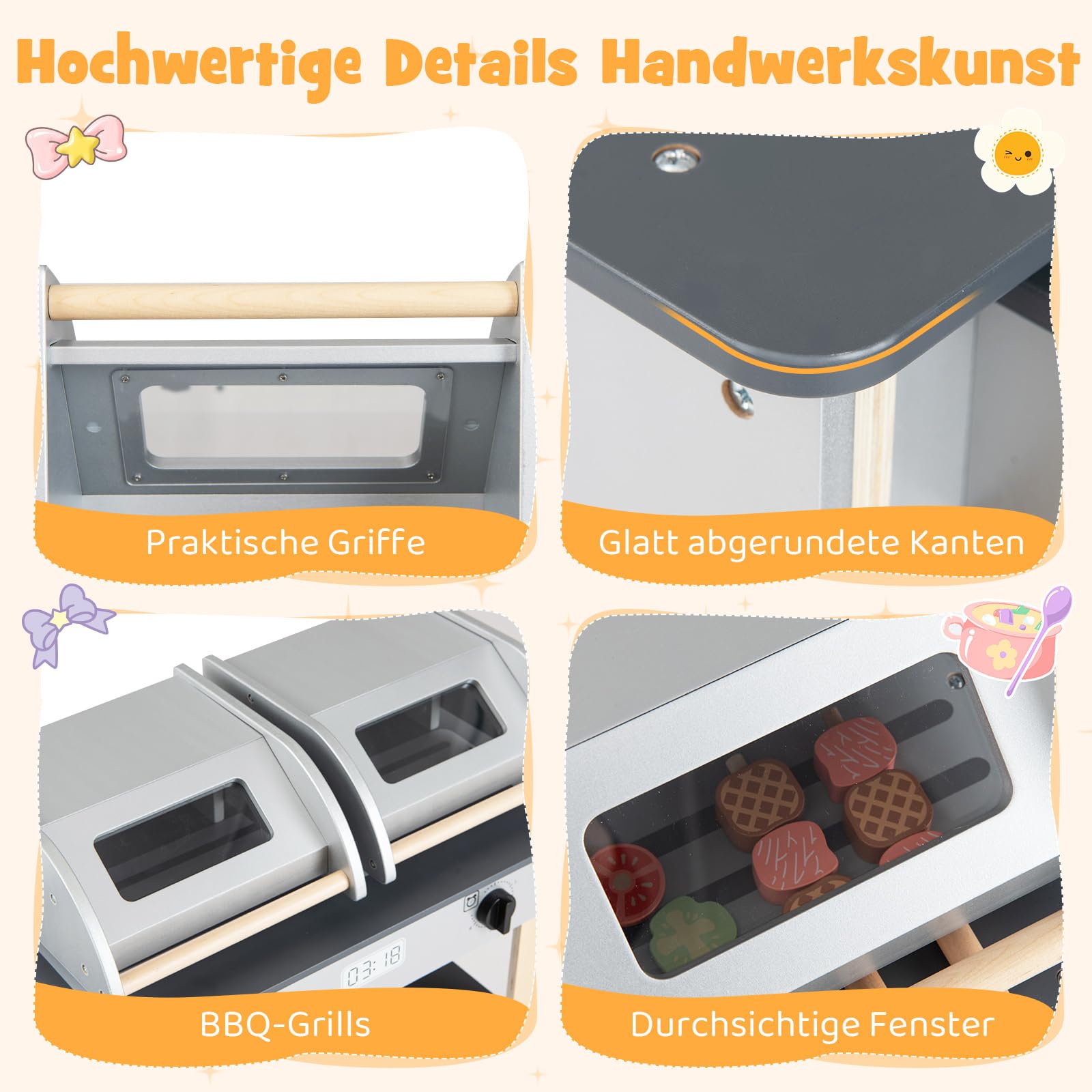 COSTWAY Barbecue Grill dziecięcy, zabawka do grillowania ze sztućcami do grillowania i jedzeniem do zabawy, kuchnia na błocie z 2 grillami i składanymi pokrywkami, zestaw kuchenny dla dzieci od 3 lat