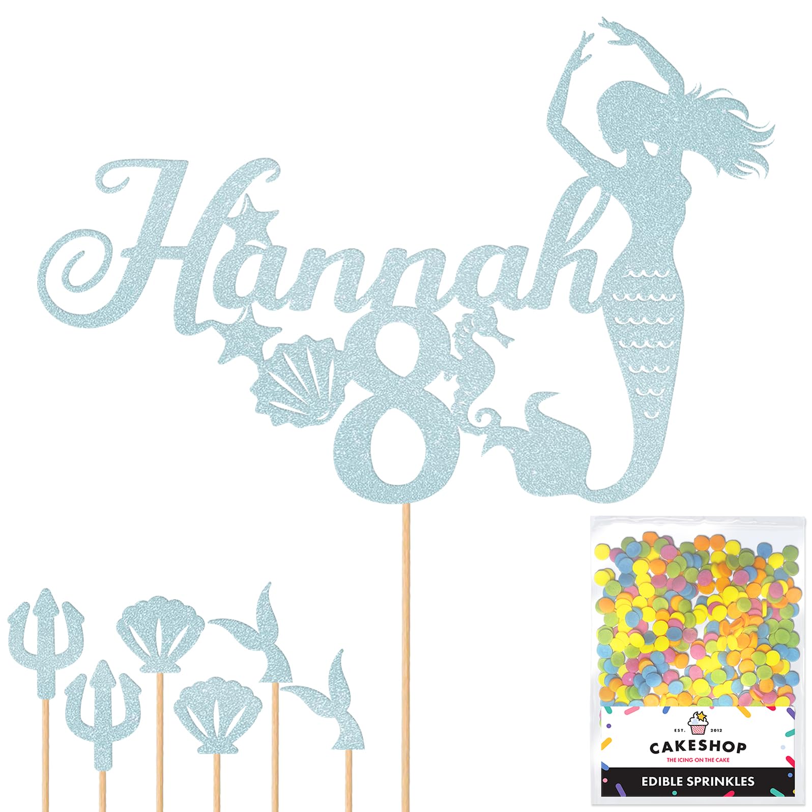 Personalised Birthday Mermaid Glitter Cake Topper- Light Blue Any Custom Age & Name Glitter Cake Decoration and Sprinkles - Happy Birthday Decorations - Personalised Toppers for Cakes by Cakeshop