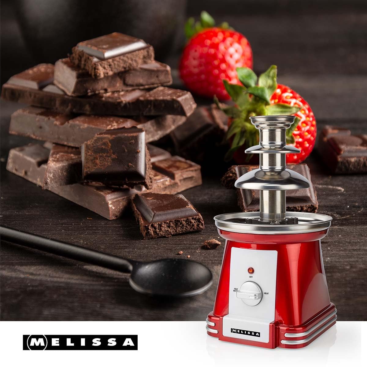 Melissa 16310186 Fontaine à chocolat rétro 32 cm - 3 niveaux métal rouge et blanc - maintien au chaud - tout type de chocolat - facile à nettoyer - optimale pour fêtes et desserts