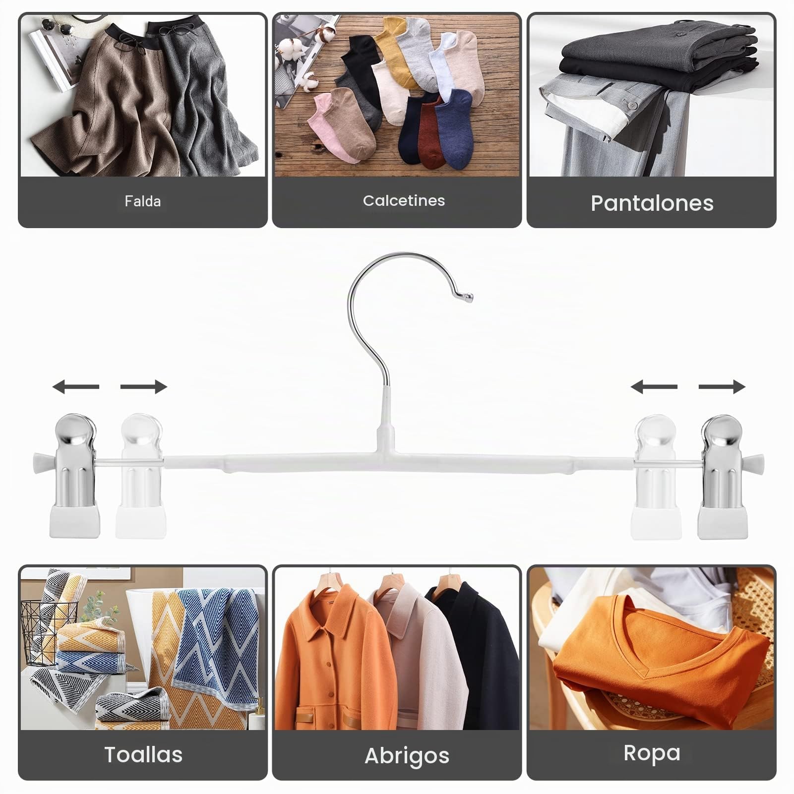 GUANJUNE Perchas finas para pantalones, perchas antideslizantes para pantalones con clips ajustables, perchas que ahorran espacio para ropa, faldas, jeans, abrigos (blanco, 10)