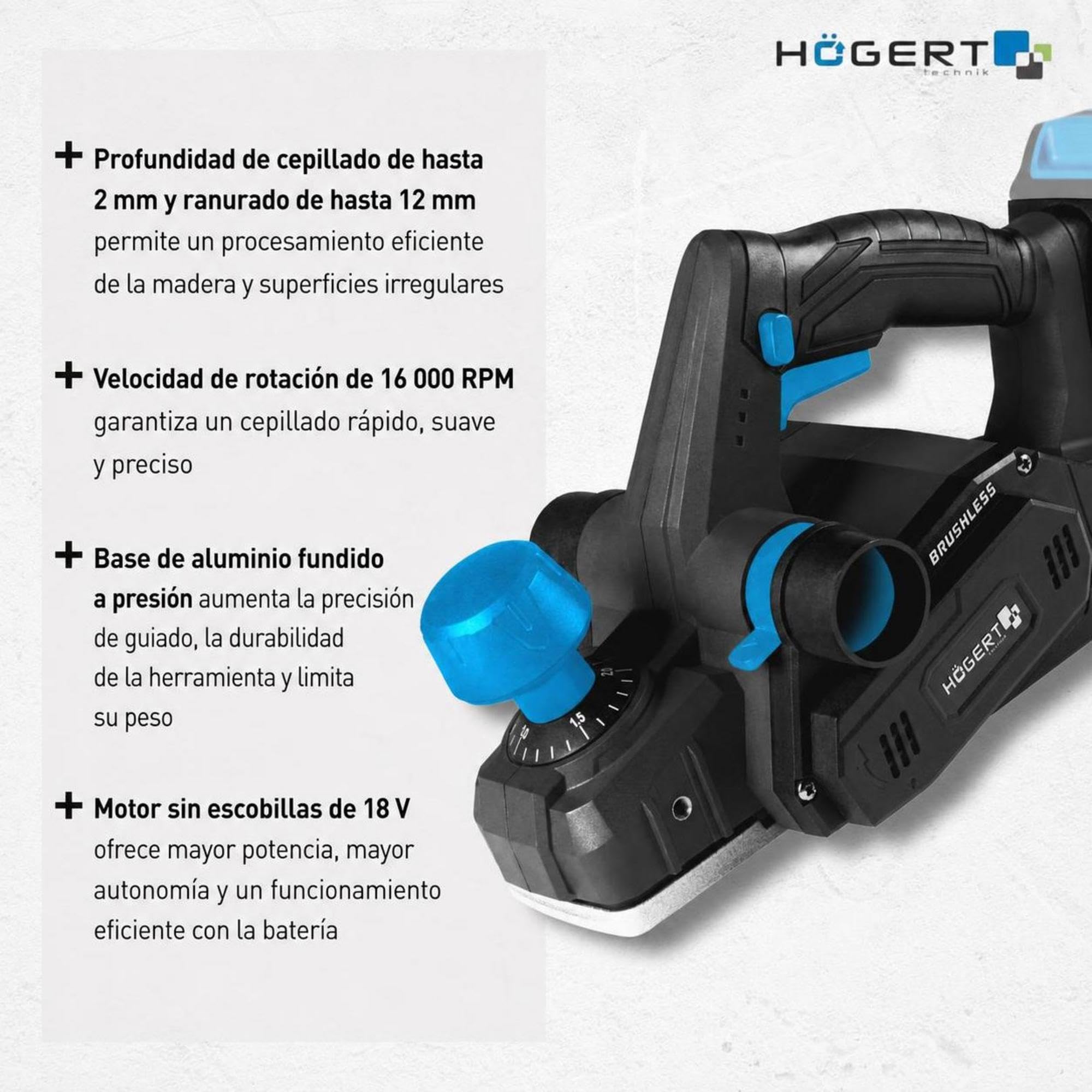 HÖGERT TECHNIK Cepillo Eléctrico a Batería 18V OneAccuSystem, motor sin escobillas, 82 mm de ancho, 16000 RPM, suela de aluminio, inalámbrico para carpintería, sin batería