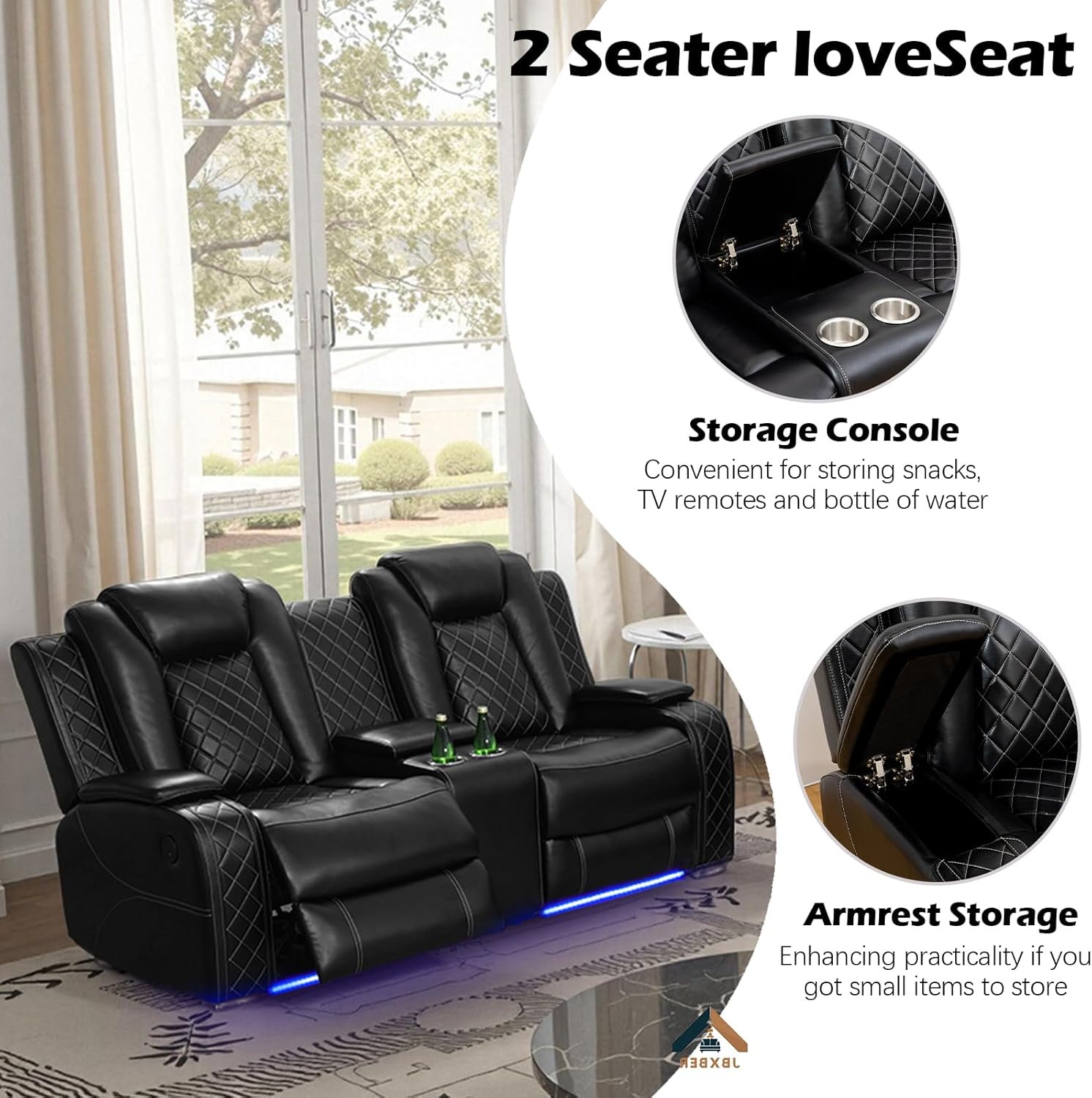 Power Recliner Sofa Set with LED Lights, Power Reclining Sofa Set with Cup Holder, Storage Console, Faux Leather Couch for Home Theater Seating(Sofa, Loveseat and Chair,Black)
