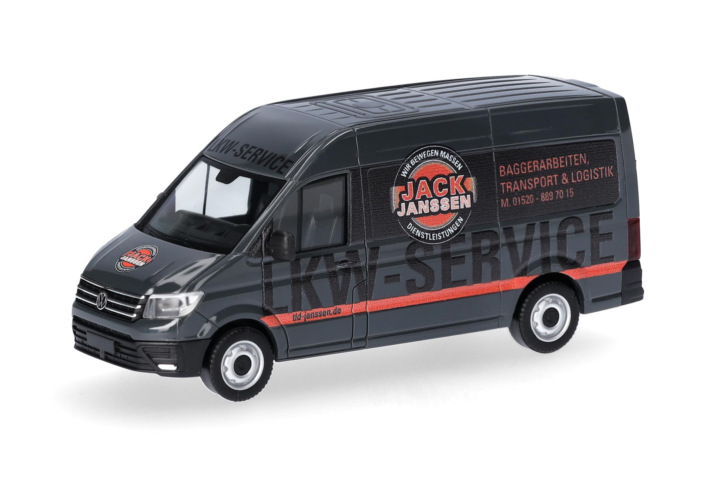 Herpa car model VW Crafter transporter "Jack Janssen" (Lower Saxony/Rhede), on a scale of 1:87, plastic miniature, made in Germany, model building, collectors edition