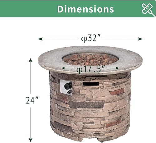 Miniatura 7 de Mesa de fuego de propano para exteriores, 32 pulgadas, 40,000 BTU, cilíndrica marrón, mesa de fuego de gas de hormigón con rocas de lava, cubierta