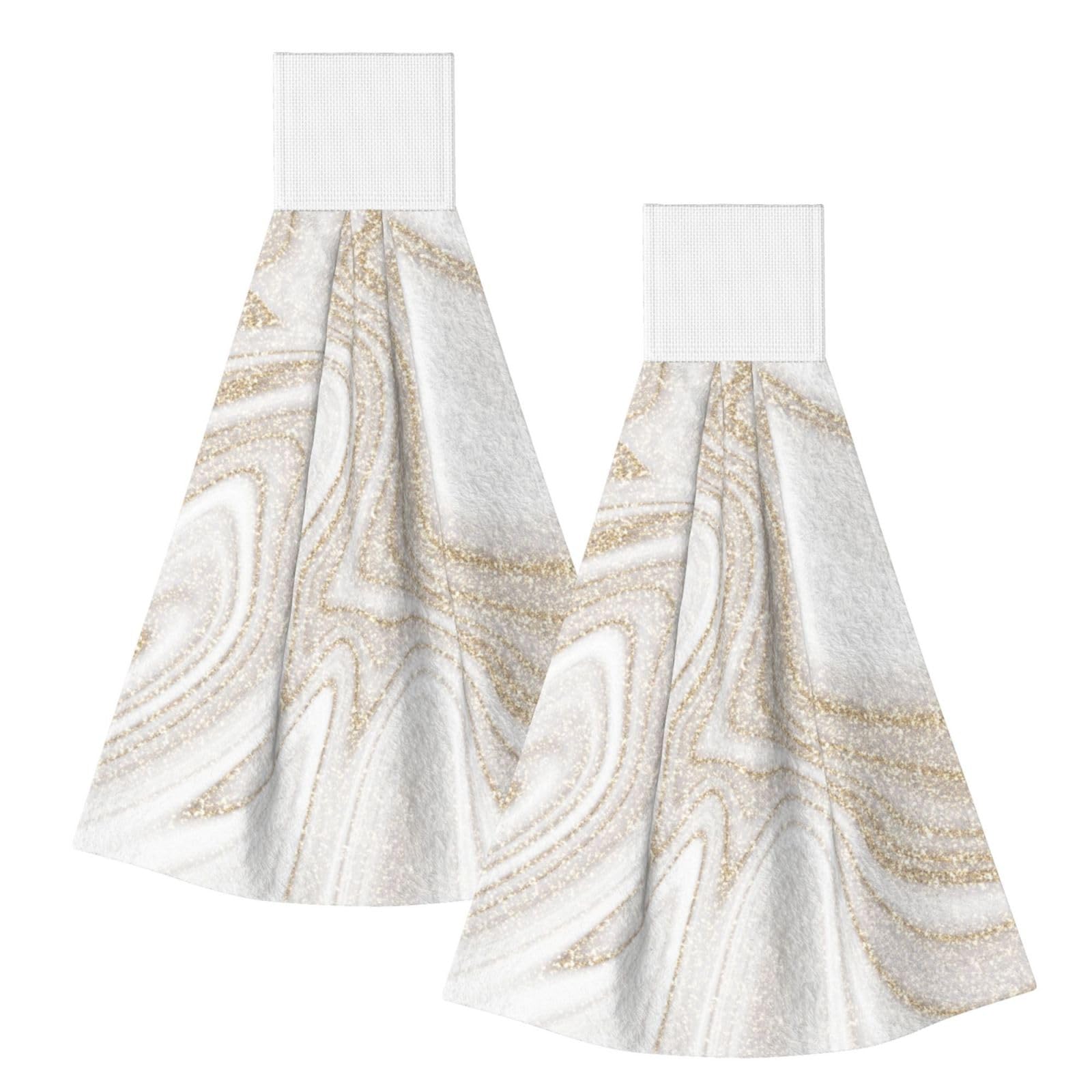 DOPKLNA White Marble Gold Glitter, 2 Pcs Hanging Coral Fiber Hand Towels for Bathroom, Absorbent Kitchen Towels