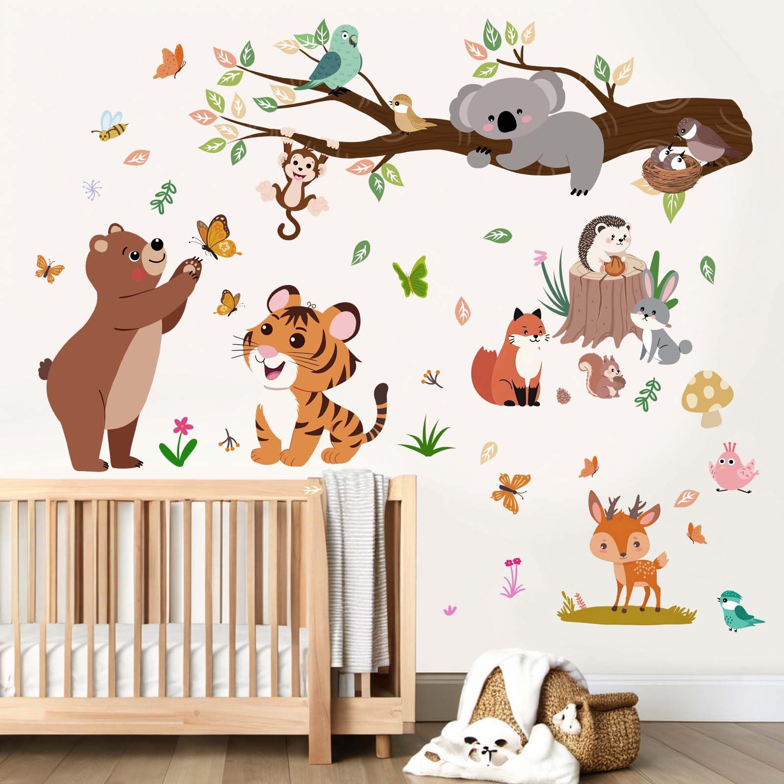 Forest Animals Wall Decals for Kids: Peel and Stick Monkey Tiger Bear Wall Stickers, Baby Nursery Boys Room Girls Bedroom