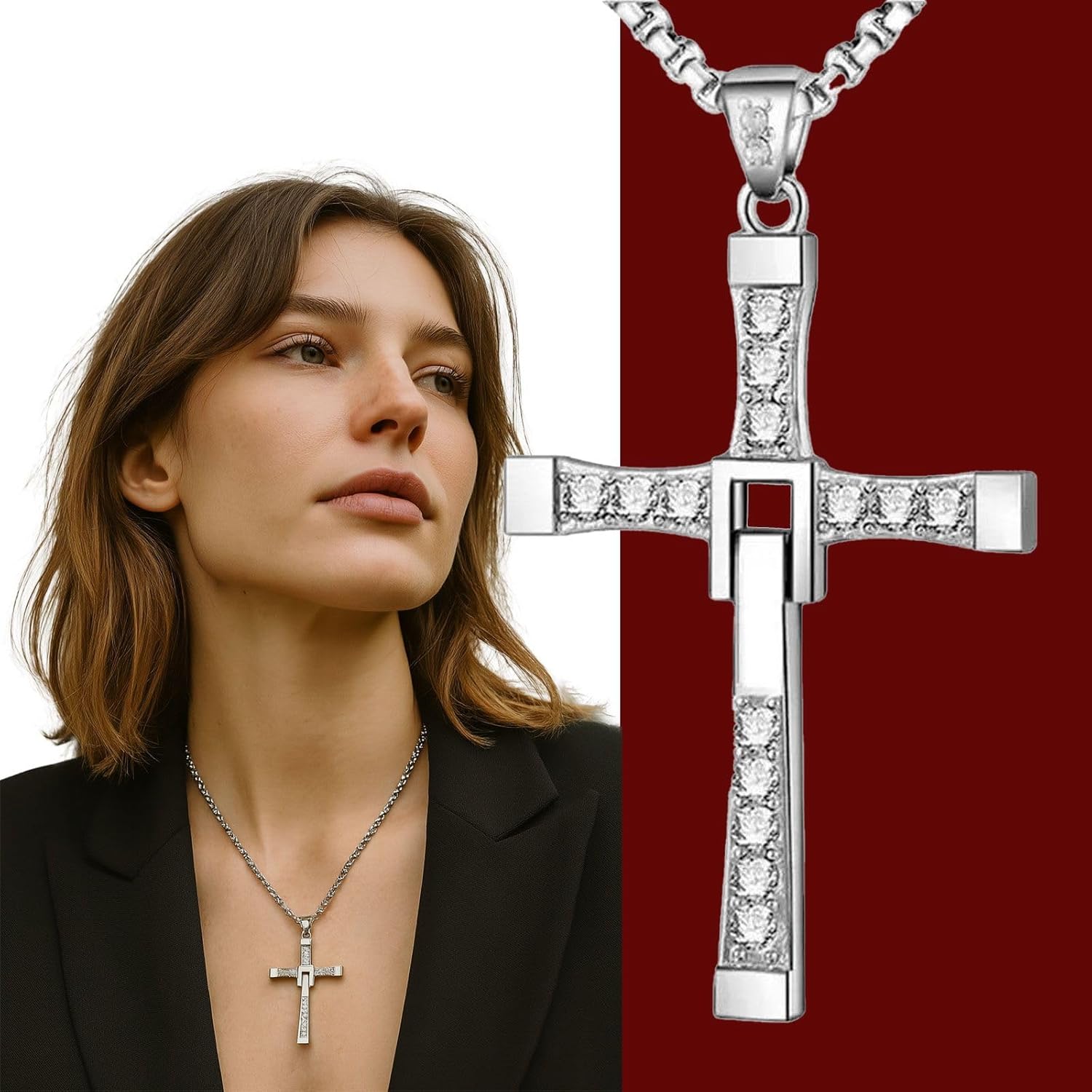 Ozzy Osbourne Cross Necklace, Dominic Toretto Necklace with Small Diamonds Silver, Sterling Silver Cross Pendant Necklace with Cubic Zirconia, Religious Jewelry - Image 4