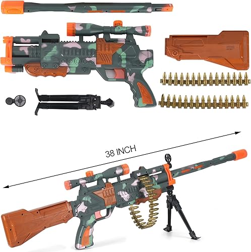 Miniatura 6 de Rifle de francotirador de 38 pulgadas, ametralladora eléctrica de juguete militar con luces LED intermitentes, sonidos de disparo, cinturón de bala