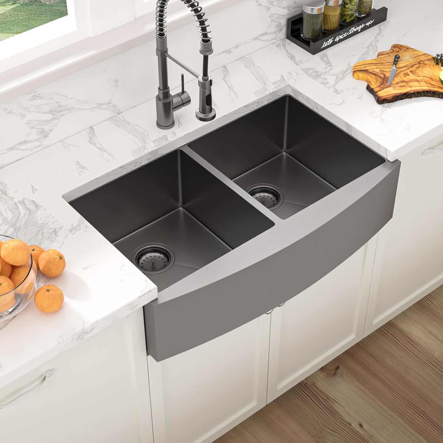Sarlai Black Farmhouse Sink 33 Inch Double Bowl - 33x21 inch Apron Front Kitchen Sink Double Bowl 50/50 Gunmetal Black Stainless Steel 16 Gauge Round Corner Farm Farmer Kitchen Sinks