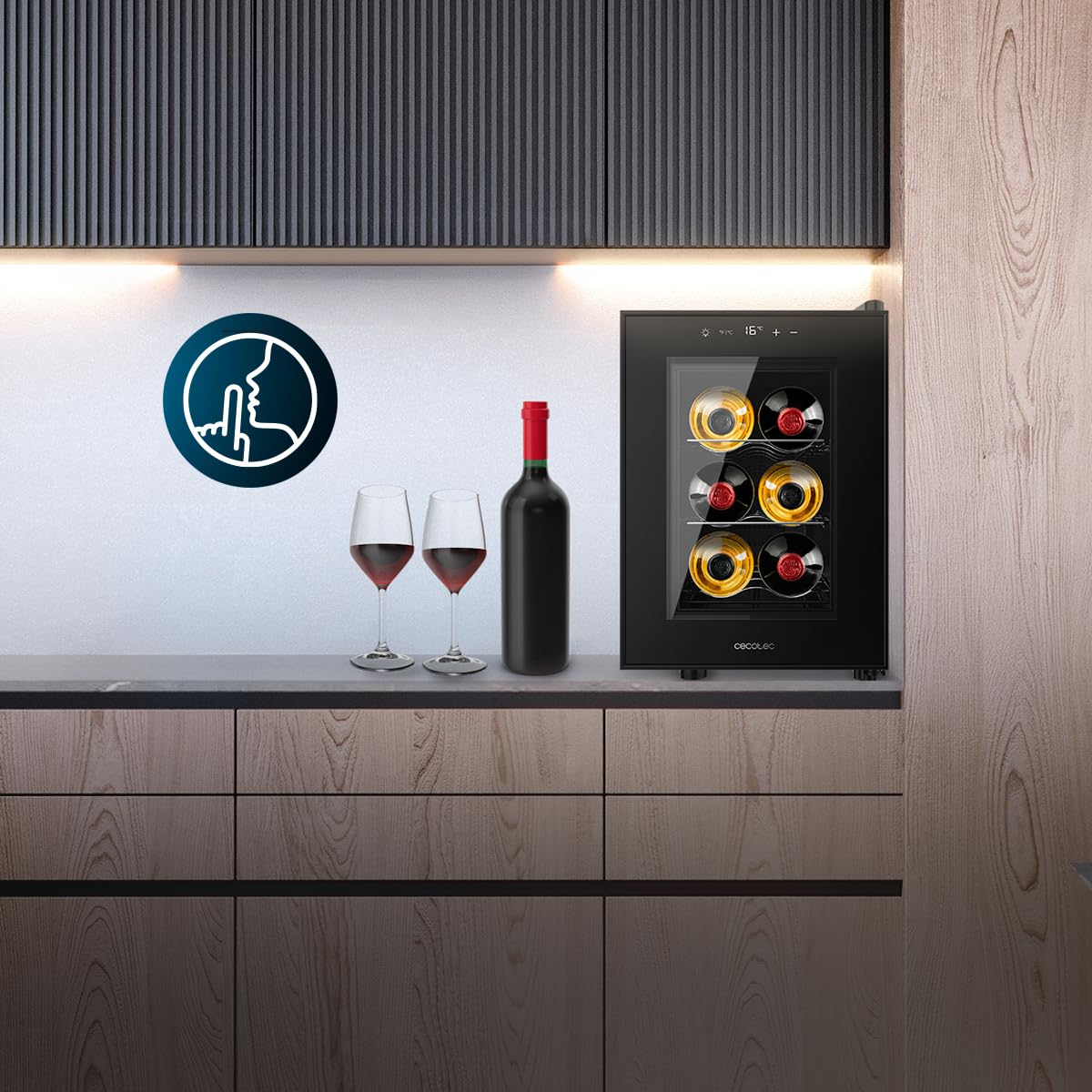 Cecotec Winiarnia Bolero GrandSommelier 600 CoolCrystal E, pojemność 6 butelek, metalowe półki, sterowanie dotykowe, temperatura 8-18ºC, czarna