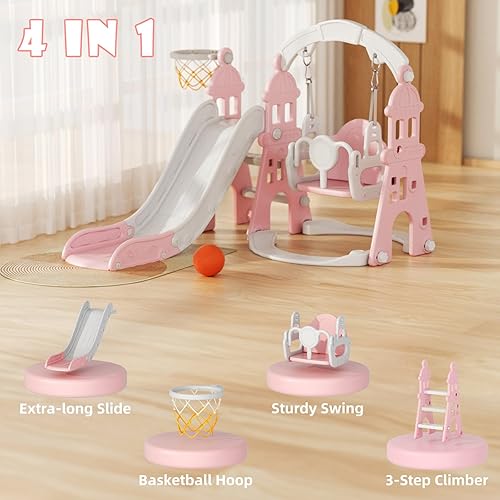 Miniatura 2 de YUFU Juego de tobogán y columpio 4 en 1 para niños pequeños con escalador, columpio, aro de baloncesto, juego para interiores y exteriores para