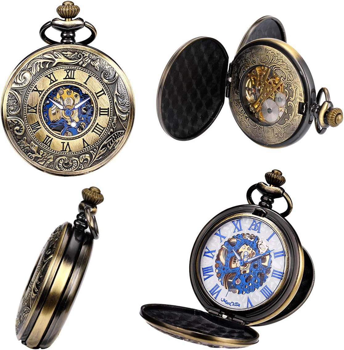 ManChDa Mechanical Roman Numerals Dial Skeleton Pocket Watches with Box and Chains for Mens Women
