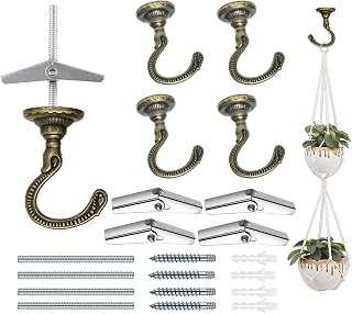 4 Sets Large Swag Ceiling Heavy-Duty Hooks with Complete Hardware Kit - Ideal for Hanging Plants, Ceiling & Drywall Installation (Antique Brass)