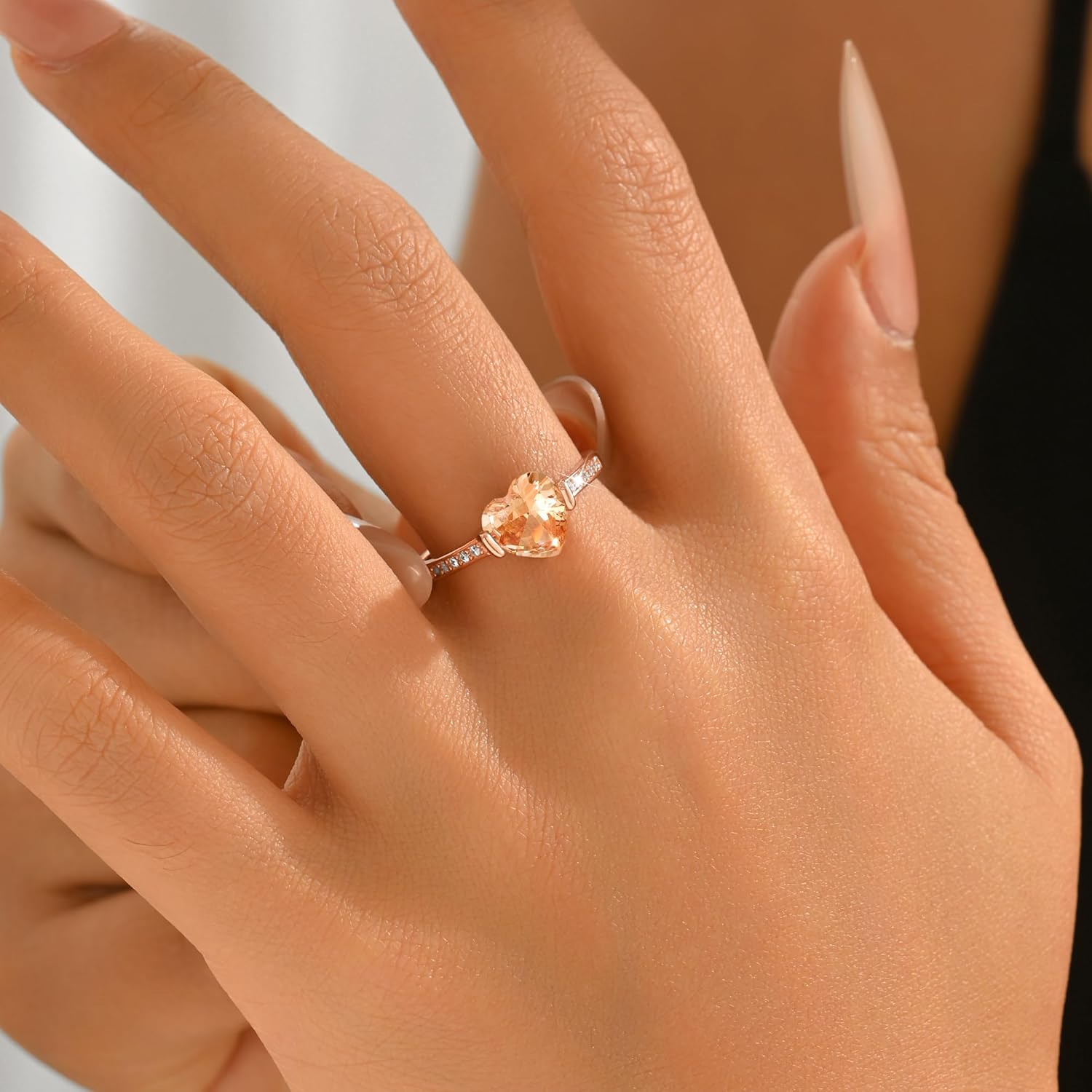 925 Sterling Silver Heart Ring for Women, 14K Rose Gold Plated Champagne Clear Cubic Zirconia Ring Gemstone Birthstone Love Heart Halo Promise Ring Gift for Engagement Wedding Mother's Day Size 6-8