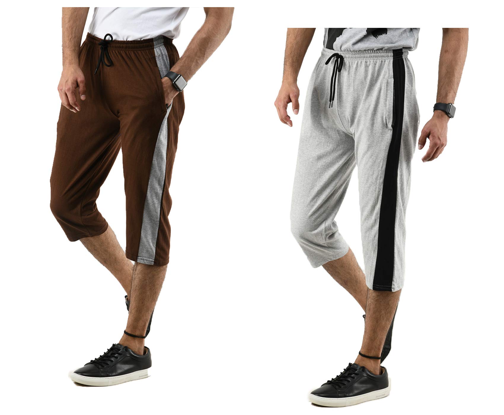Pack of 2 Men’s Cotton Capri Pants with Side Stripe, Dual Side Pockets and Adjustable Drawstring Waist – Comfortable Knee-Length Casual & Active Wear Grey, Brown-image-39