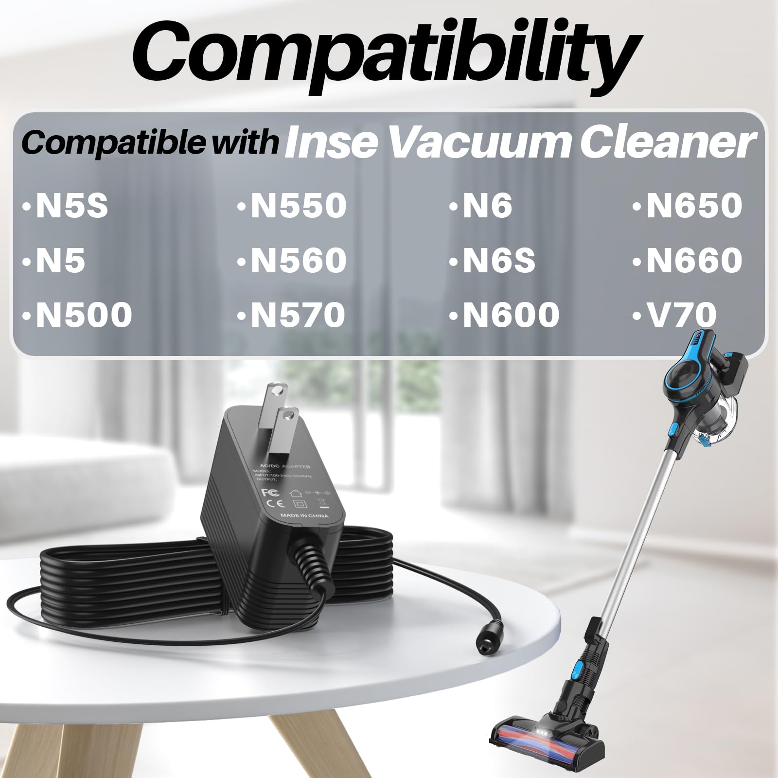 26.5V DC Charger for Inse Cordless Vacuum Cleaner Replacement AC Adapter for INSE N5S N5 N500 N550 N560 N570 N6 N6S N600 N650 N660 V70 Vacuum Charger for Deik VC-1518-US Power Supply for Wowgo S108