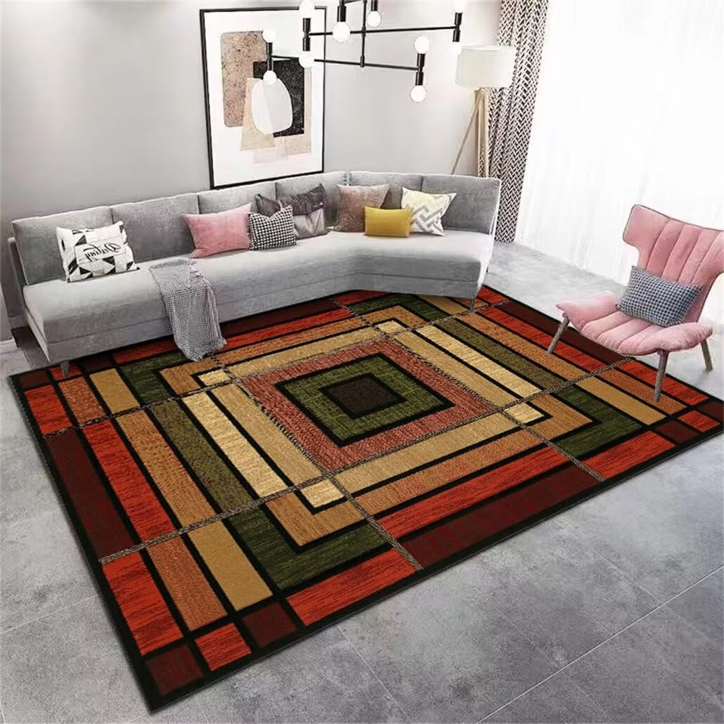 Tapis salon lavable machine rouge 200x200 géométrique