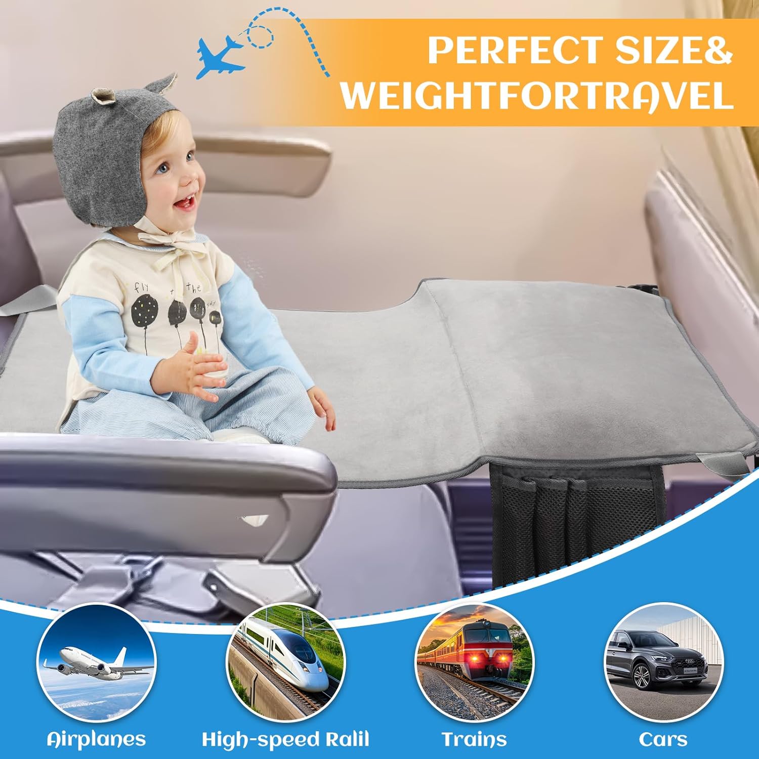 Toddler Airplane Bed - Ultra-Soft Velvet Travel Seat Extender with Anti-Slip Design, Foldable Kids Flight Bed, Grey - Image 3
