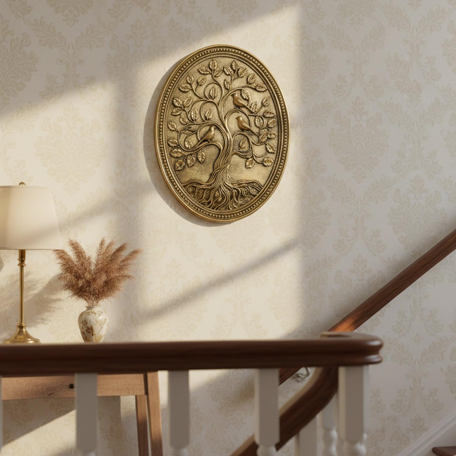 Tree of Life Wall Art Framed Hanging Plaque with Three Relief Birds, Vintage Wall Decor 3D Oval Resin Bronze Inspirational Gifts for Home Office Living Room Bedroom