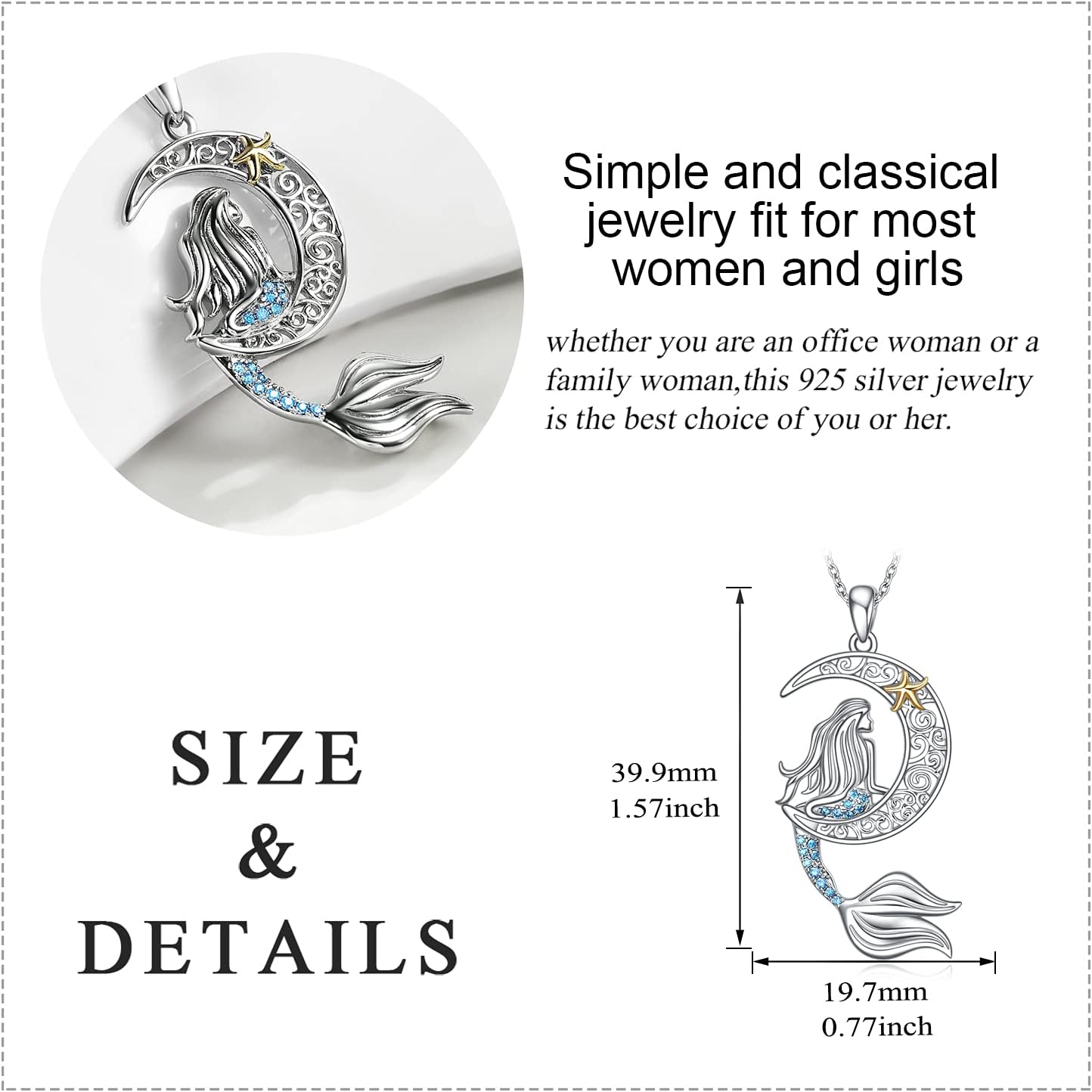 YAFEINI Mermaid Necklace Sterling Silver Mermaid Gift Crescent Moon Jewelry Gifts for Women