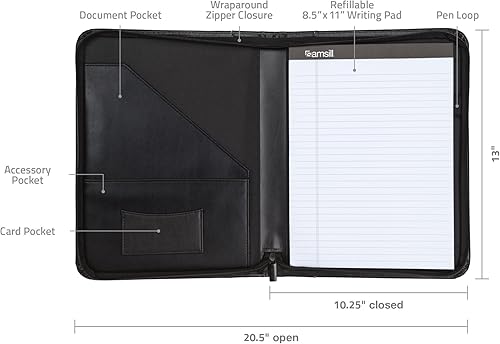 Vista 4 de Samsill Padfolio de cuero con cremallera de punto de contraste, cartera de negocios ligera y elegante para hombres y mujeres, cartera para currículo