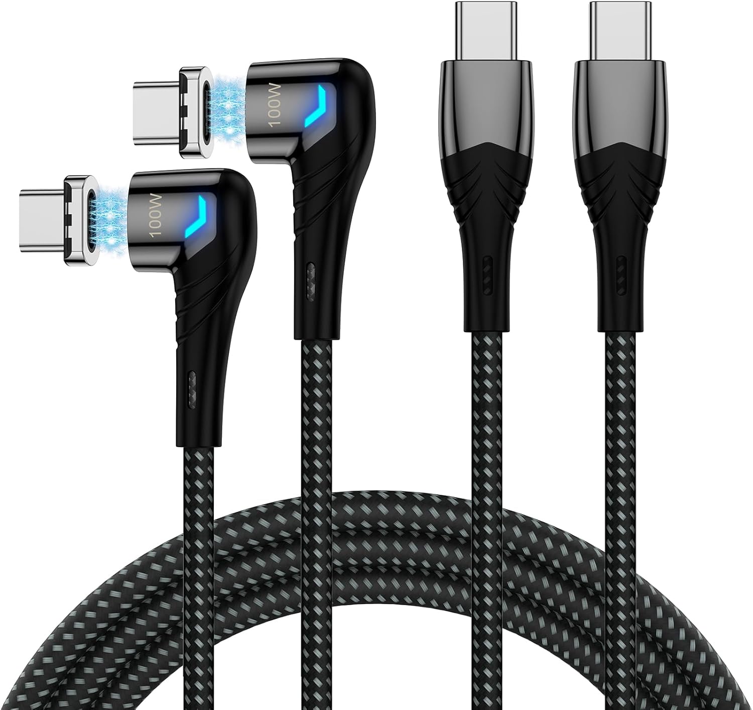 100W USB C to USB C Magnetic Charging Cable (2 Pack, 5ft) Right Angle Magnetic Phone Charger 5A PD Fast Charge Cord for MacBook Pro/Air, iPad Pro, iPhone 16 15 Pro, Galaxy S23