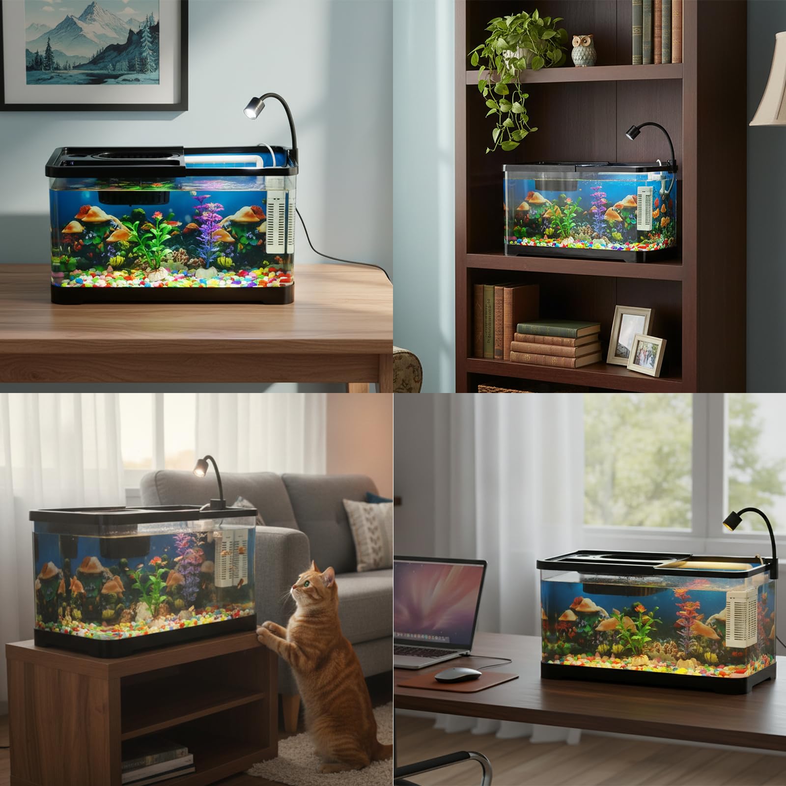 Acquario da 4 galloni - Kit di avviamento per acquario tutto in uno con luce LED per acquario, filtro silenzioso 3 in 1 e sfondo oceano - Acquario da tavolo ideale per pesci tropicali - Perfetto per