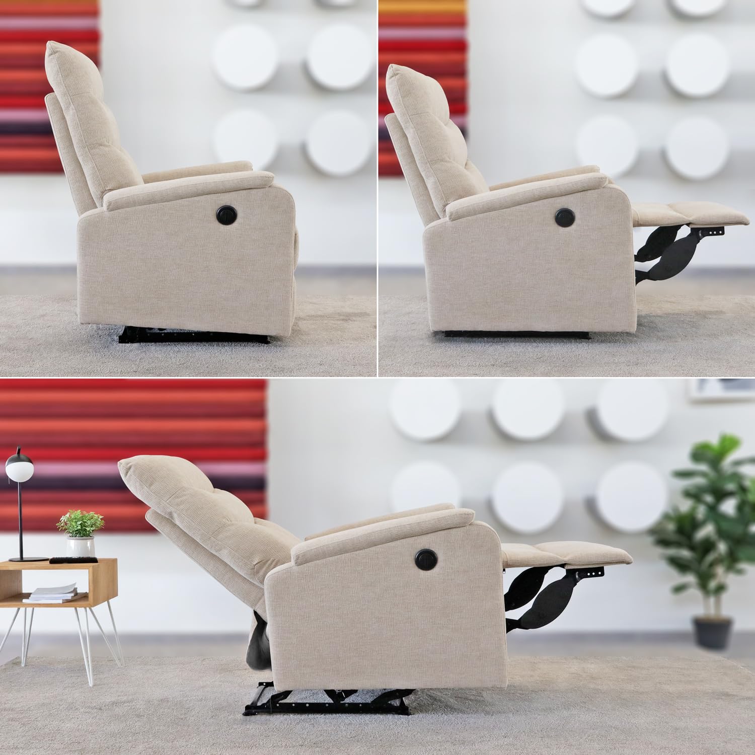 EVERGREENWEB - Poltrona Relax Reclinabile Elettrica con Comodo Pulsante Integrato nel Bracciolo, Schienale Regolabile e Triplo Cuscino in Tessuto Beige, 2in1 Poltrona Letto con Seduta Ergonomica