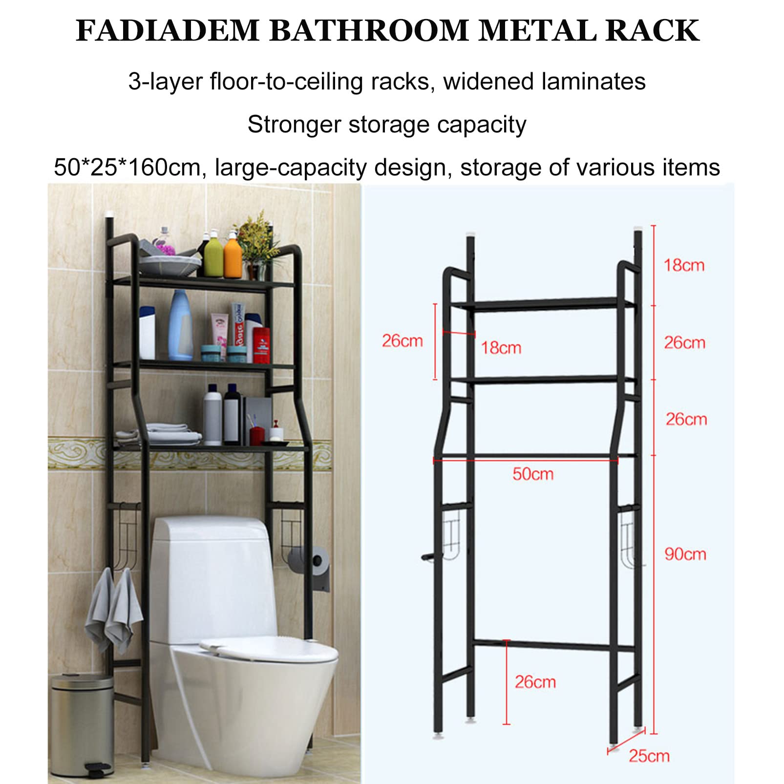 Scaffale salvaspazio sopra il WC a 3 livelli, mensole da bagno sopra il WC con gancio per asciugamani e porta carta igienica, supporto angolare autoportante per bagno, bagno, lavanderia, balcone