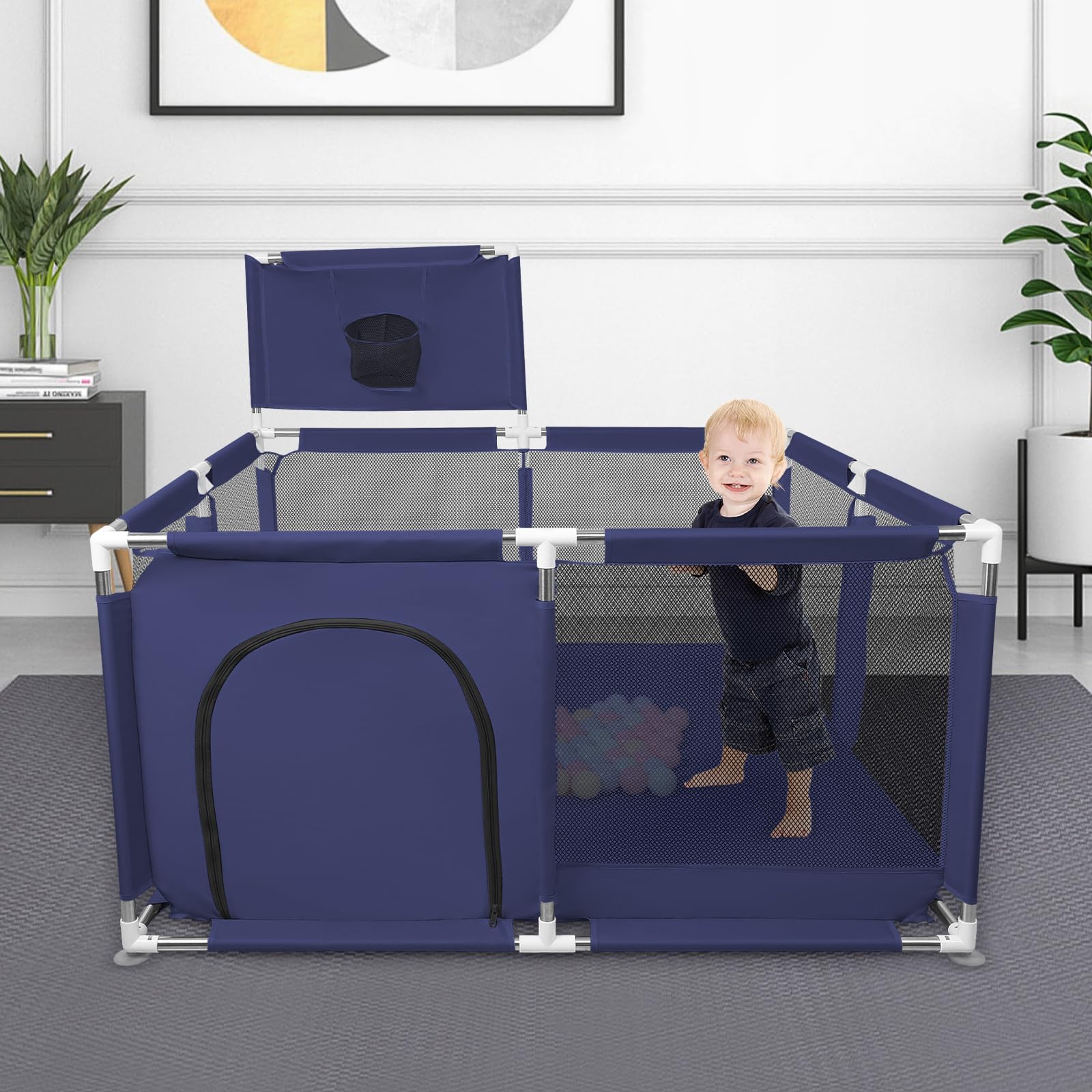 Parc Bébé, Centre d'activités pour Enfants, Modulable, Grand Parc De Jeux avec 50pcs Boules Plastiques, pour la Maison (126x126x66cm, Bleu Marine)