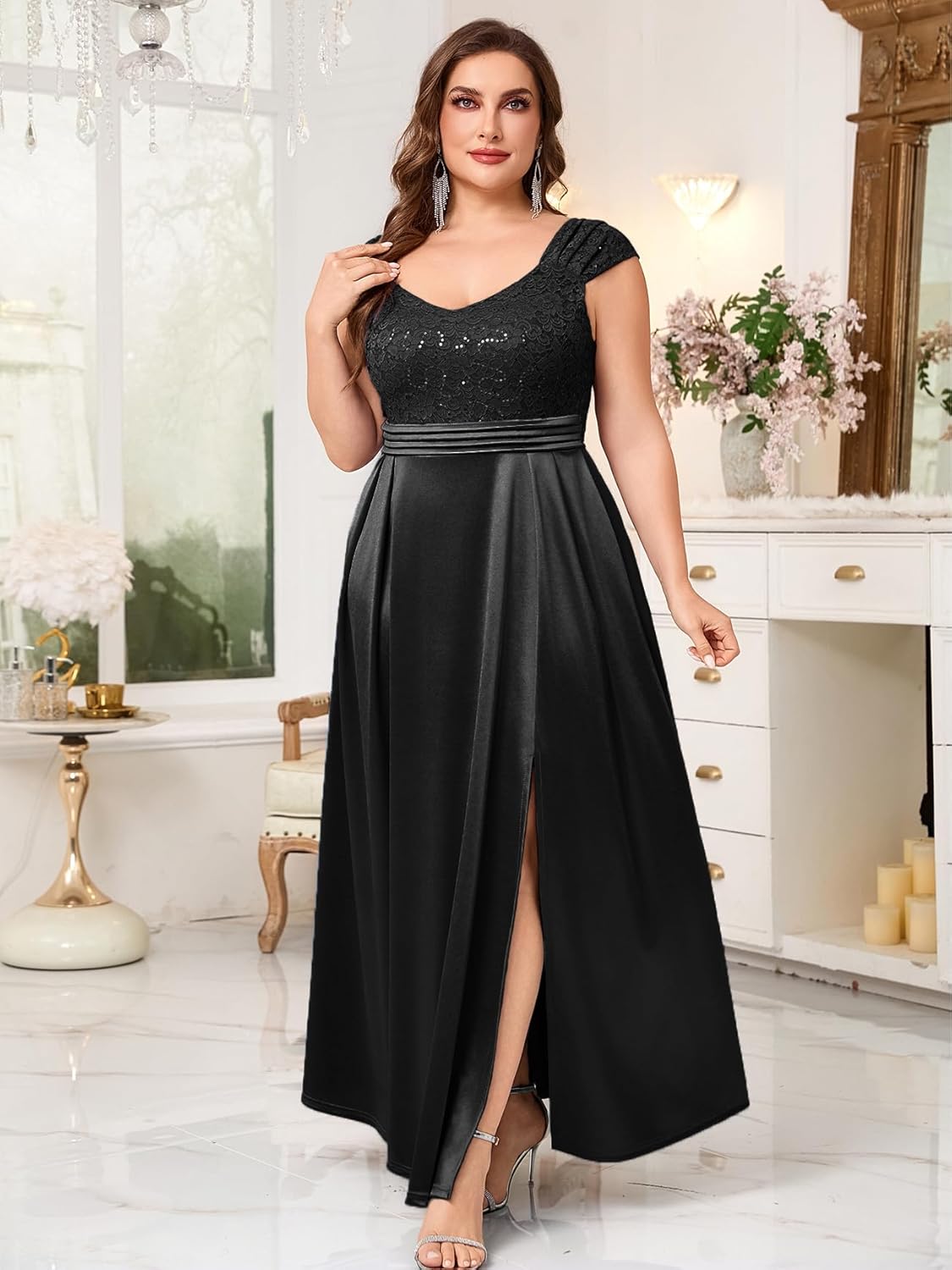 Plus Size 0X-4X Formal Maxi Dress Lace Satin Cap Sleeve A-line Dress Wedding Guest Cocktail Evening Gown