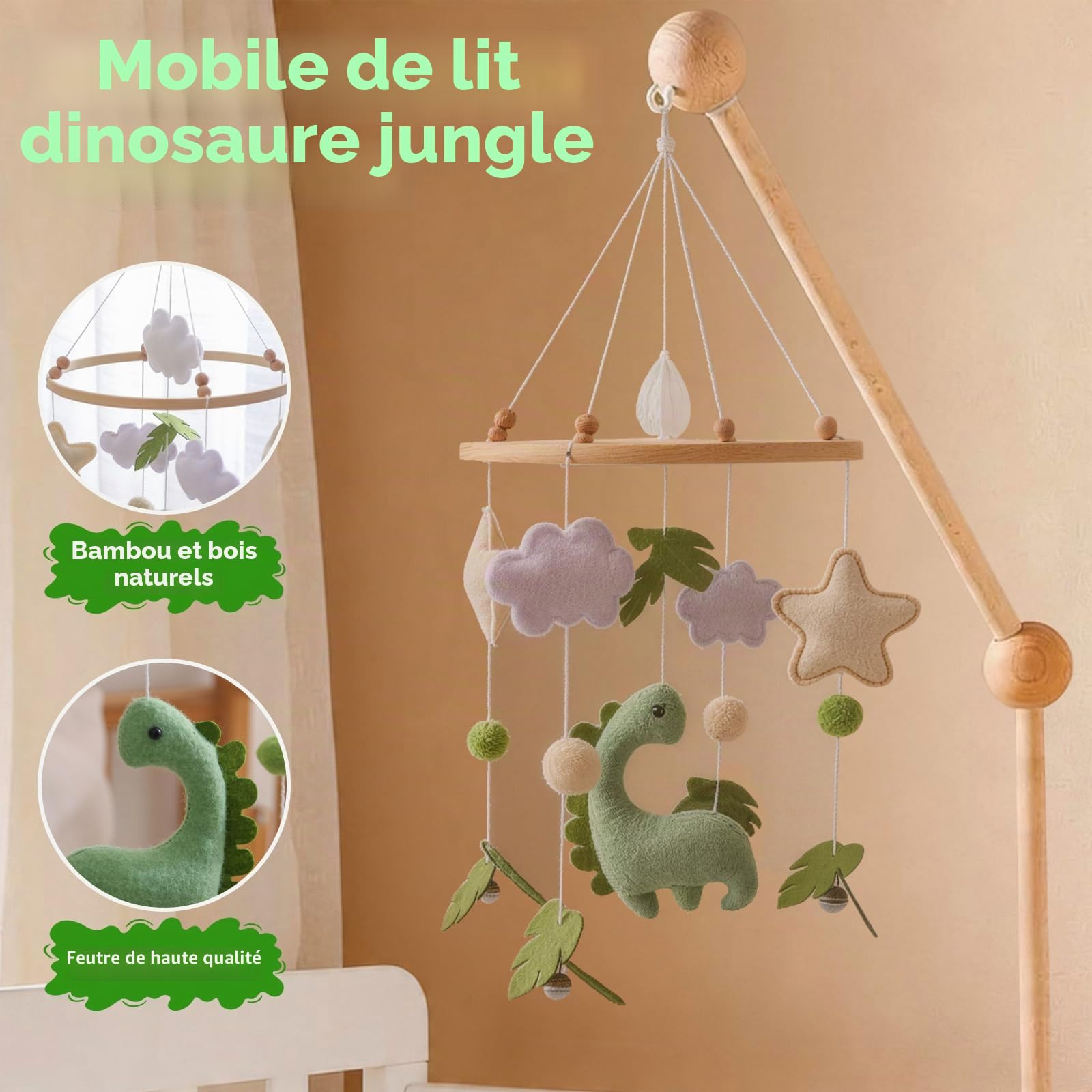 Mobile Bébé Bois Dinosaure, 3D Carillon Eolien pour Lit de Bébé | avec Boules en Feutre, Mobile Lit Bebe avec Étoiles, Nuages et Feuilles, pour Berceaux Garçons et Filles (vert)