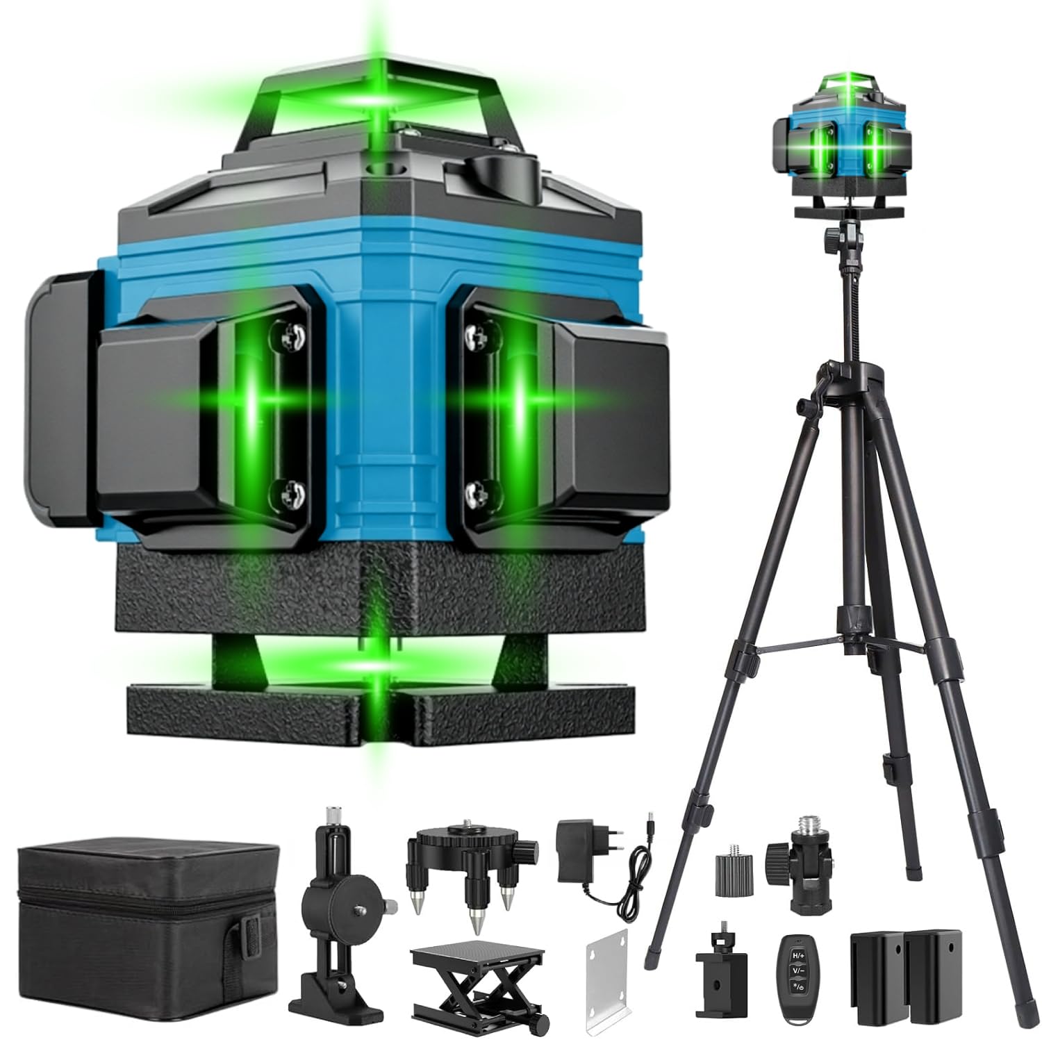 VOBOR Laser Level with Tripode, 4D Laser Level Self-Leveling 360° with 2x4800mAh Battery, IP54, Remote Control, 16 Green Laser Lines for Works, Indoor