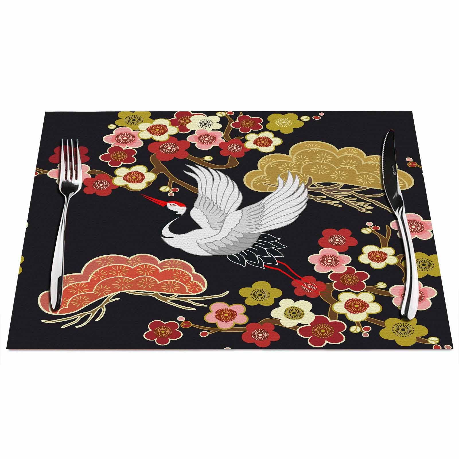 Walmsco Placemats Animal Crane Flower Pattern Decor For Dining Room Kitchen Table,Waterproof Non-Slip Washable Heat Resistant Placemats,Set of 4,12"x18"