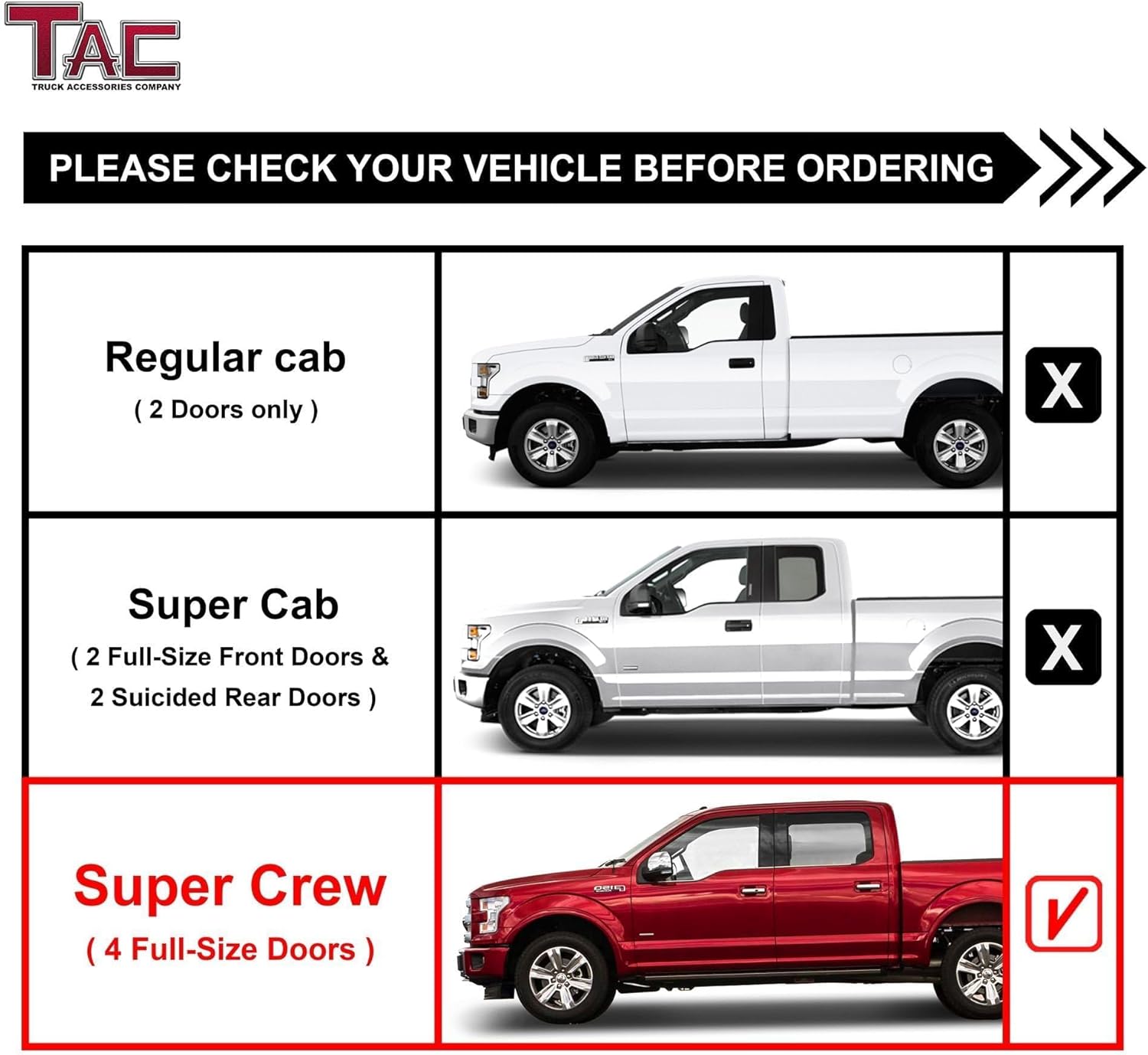 TAC 4” Drop Running Boards Compatible with 2015-2026 Ford F150 Supercrew Cab| 2022-2026 F150 Lightning EV| 2017-2026 F250/F350/F450/F550 Super Duty Crew Cab| Side Steps| Nerf Bars| Two-Stair