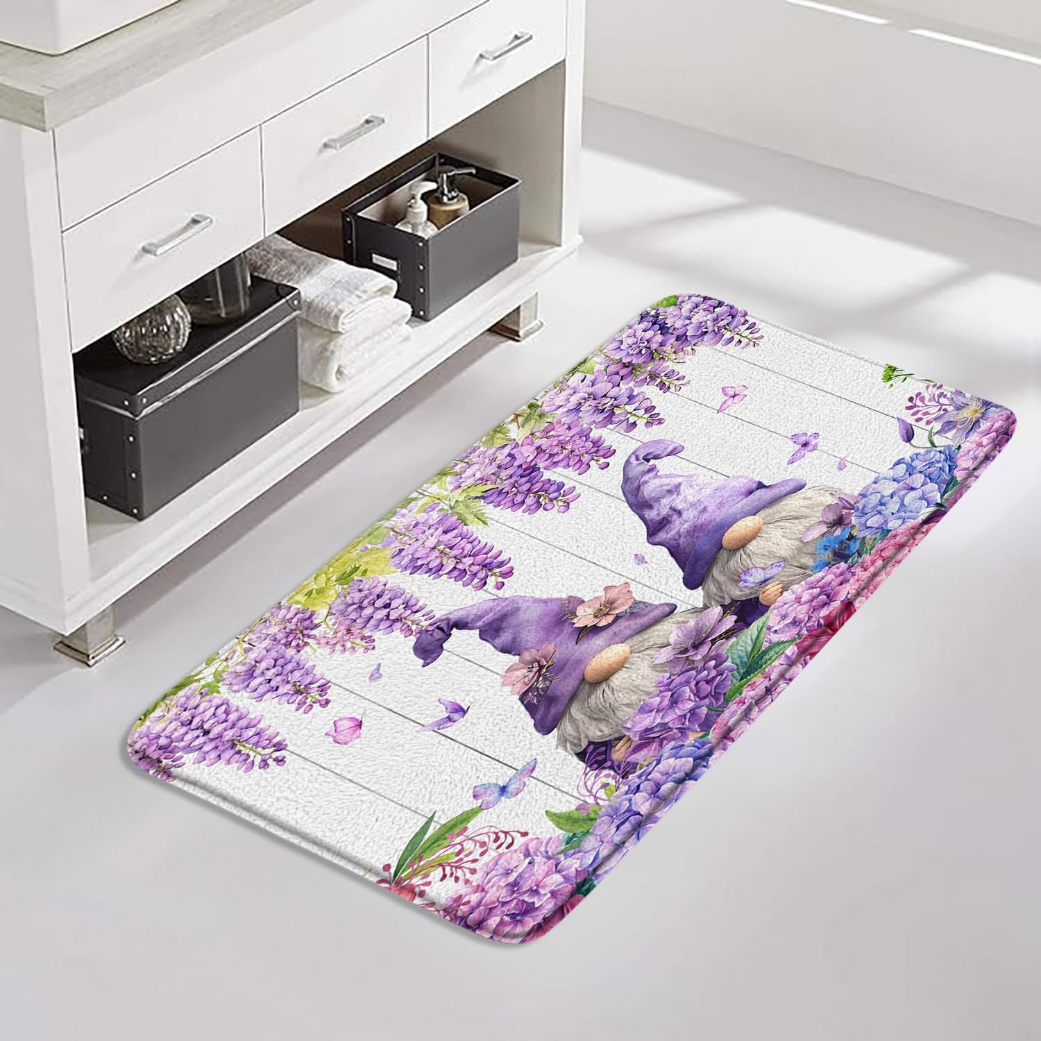 Lavender Gnomes Bath Mat Purple Floral Spring Rustic Farmhouse Wooden Board Memory Foam Bathroom Kitchen Bedroom Livingroom Soft Floor Rug, 24"x59"