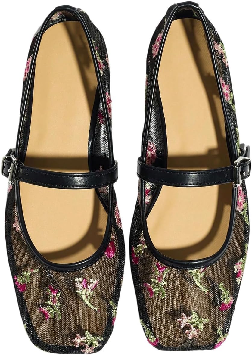 Milumia Leopard Mesh Ballet Flats for Women，Comfortable Dressy Square Closed Toe Maryjane Flat Ballerina Casual Work Shoes