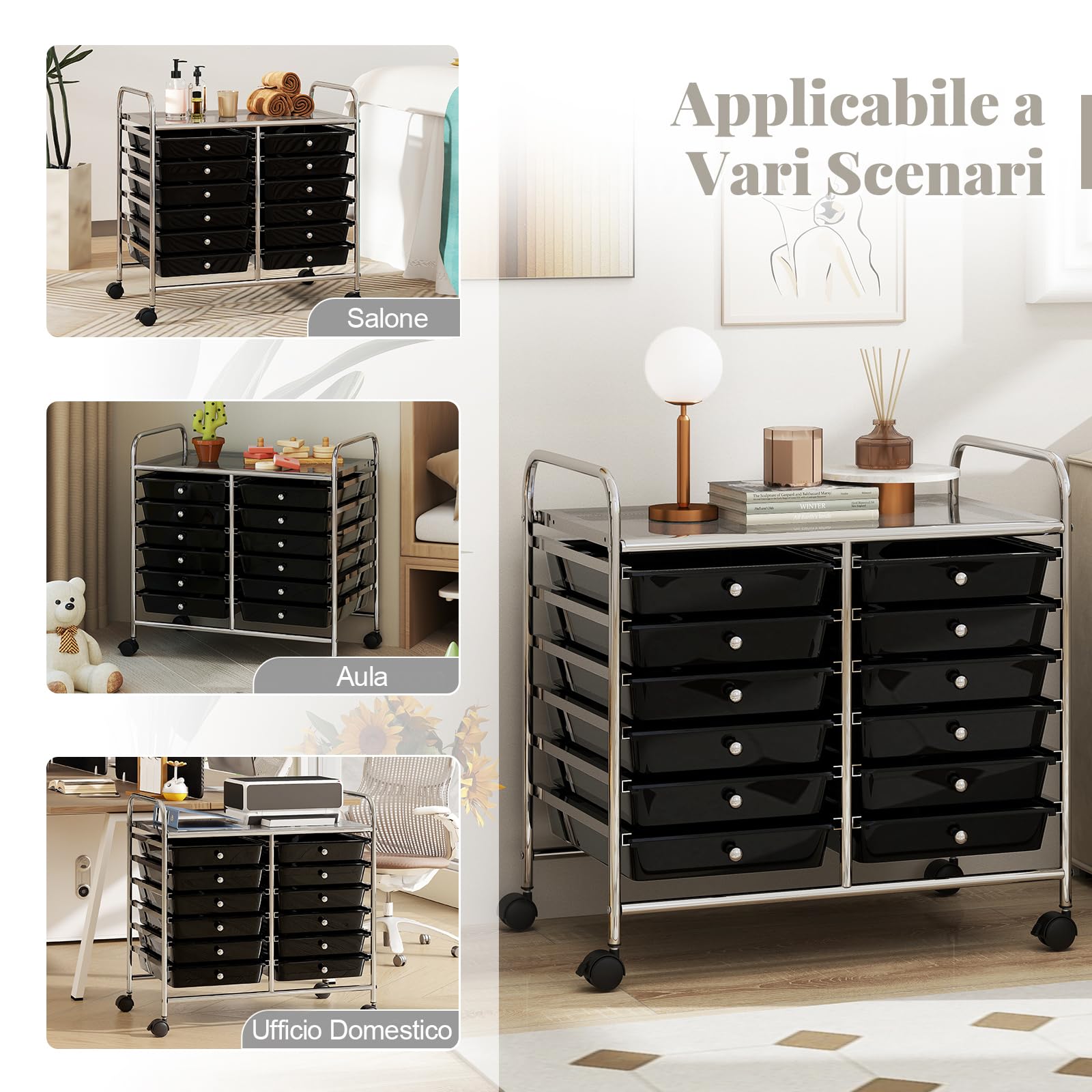 RELAX4LIFE Carrello di Stoccaggio con 12 Cassetti Estraibili, con Ruote Bloccabili e Maniglie, Struttura in Metallo, Carrello di Servizio con Ampia Piano per Soggiorno, Sala Giochi (BIANCO)