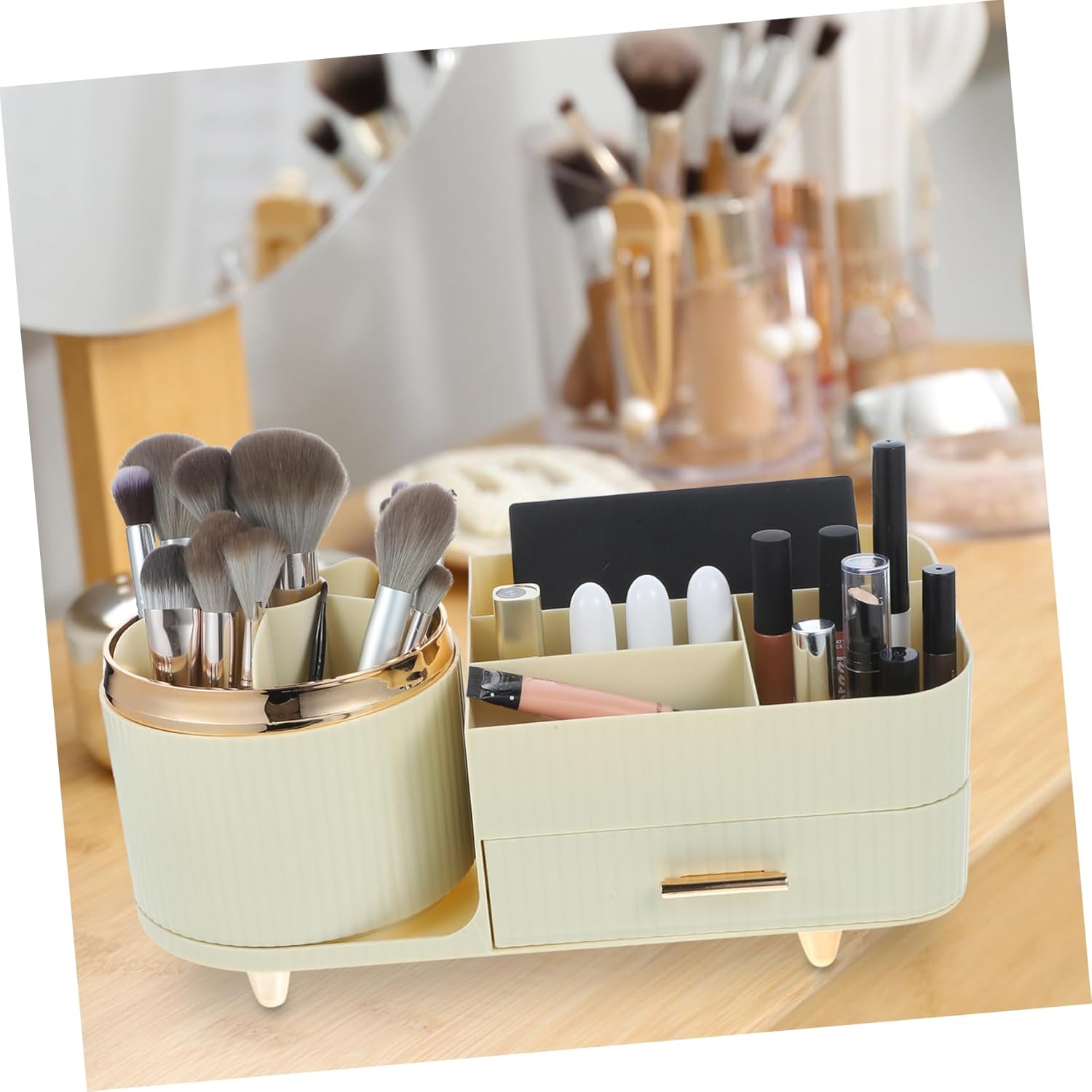 Ciieeo Makeup Organizer Display Case Rotating Cosmetic Storage Box Large Capacity Brush Holder for Vanity Cream White Multi-compartment Makeup Brush Storage