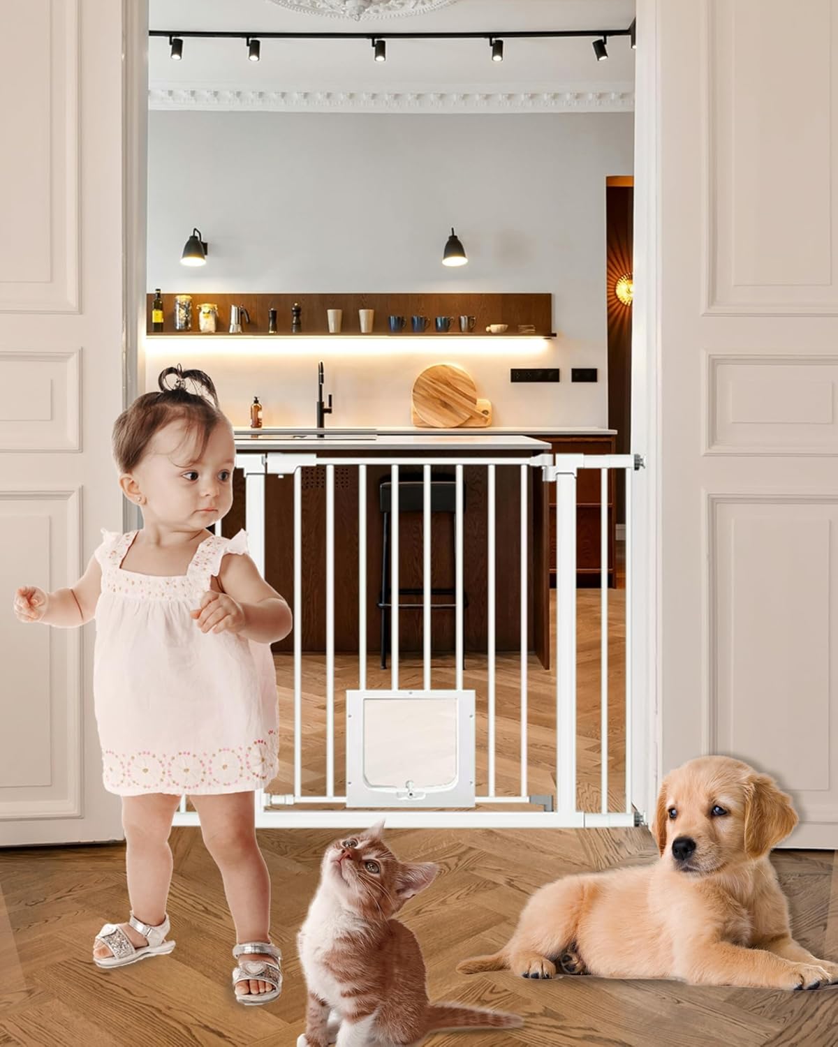 White Extra Wide Baby Gate with Pet Door Automatic Closing 29.5 to 46 Inches Adjustable Pressure Mounted for Doorway Stairs Includes 4 Wall Cups and 3 Extensions Pet Gate Baby Gate Dog Gate Cat Gate