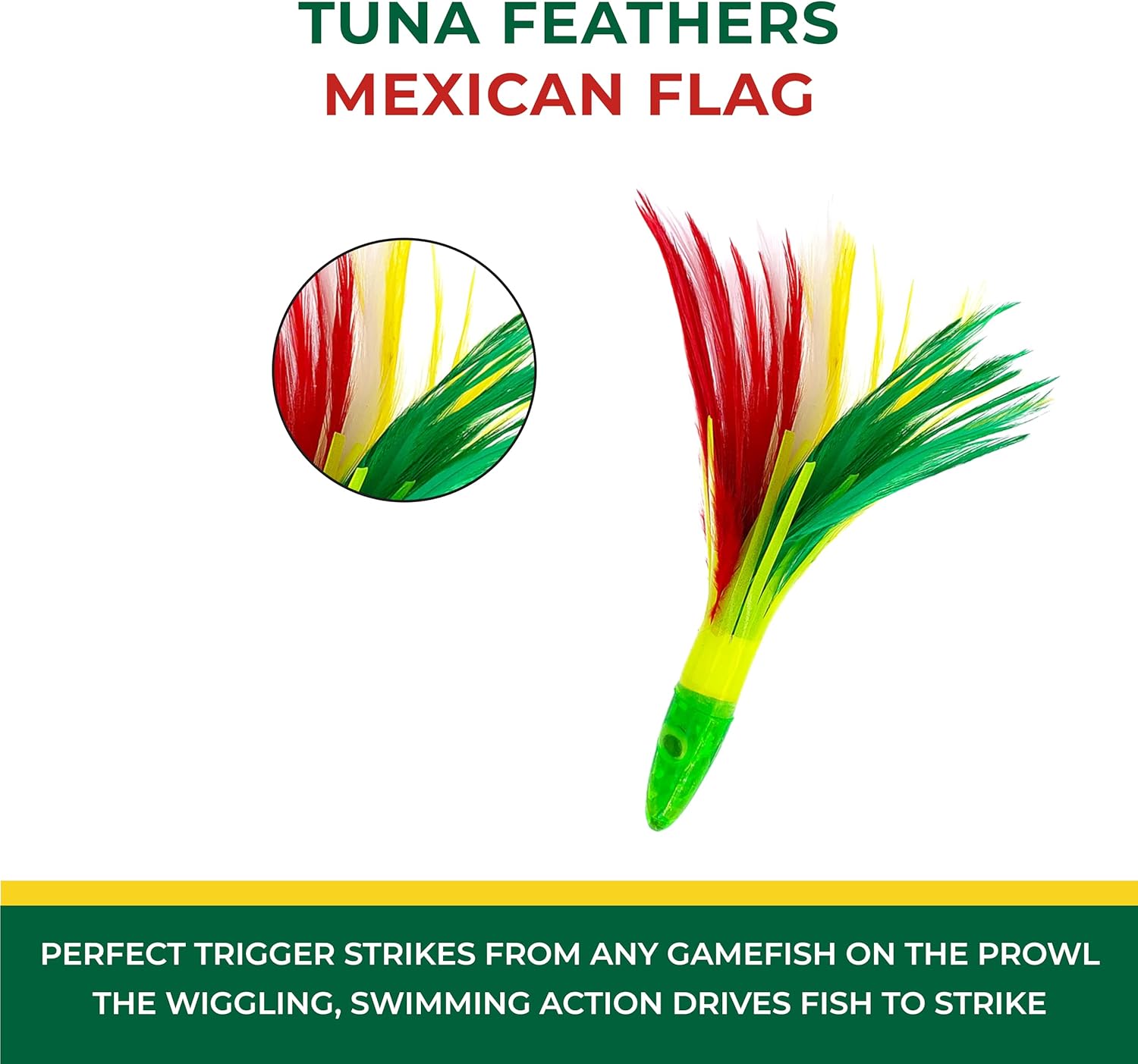 6" Tuna Feathers, 6 Pcs Mexican Flag Color for Saltwater Trolling, Ideal for Deep Sea Tuna Fishing