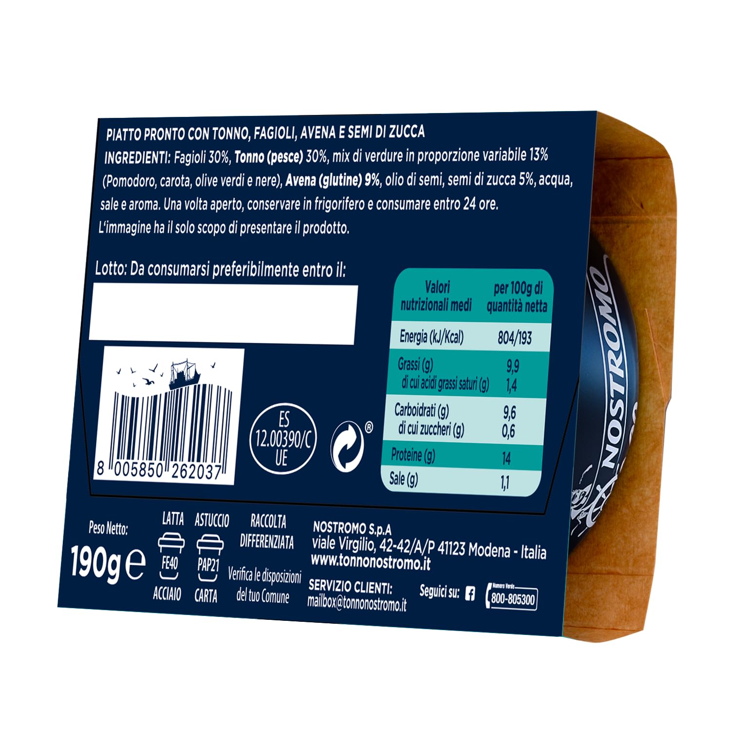 Nostromo Mix&Go Boost PRO+ - Piatto Pronto con Tonno, Fagioli, Avena, Verdure, Semi di Zucca - Ricco di Fibre e Proteine - 1 Confezione da 190g