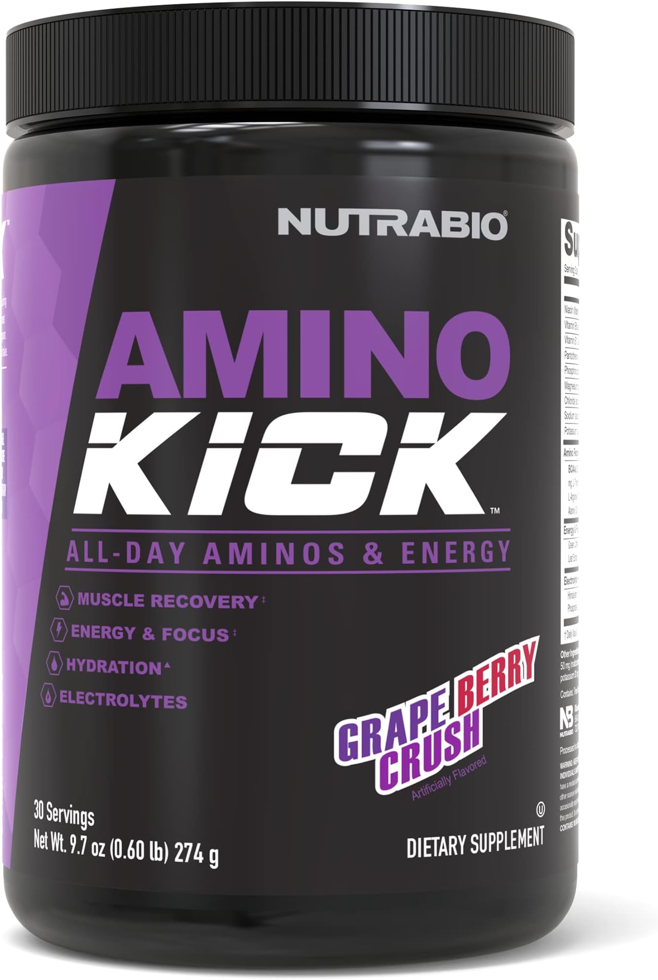 Amino Kick - Amino Acid Energy Formula - BCAA's, Electrolytes for Hydration, Natural Caffeine- 30 Servings (Grape Berry Crush)