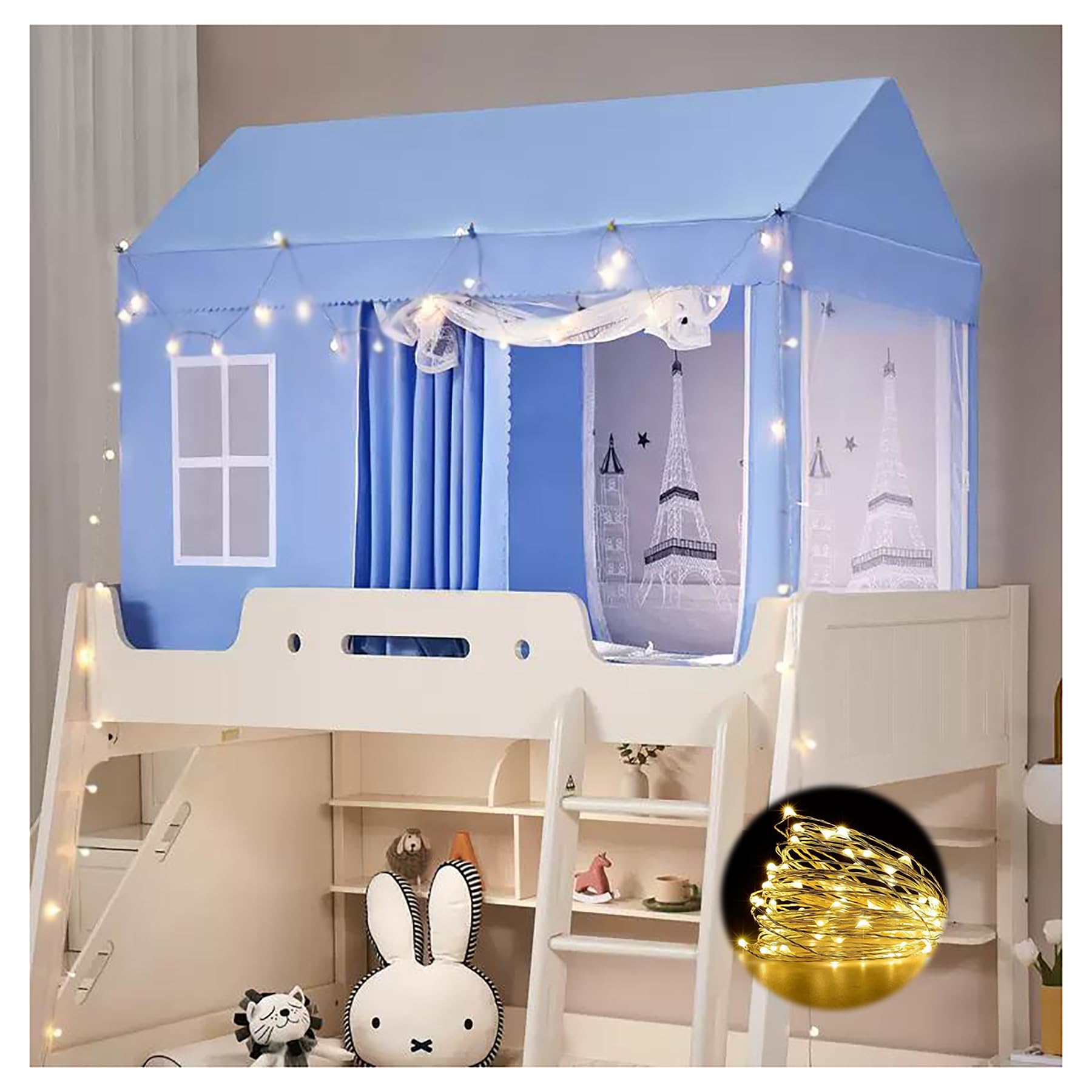Twin Top Bunk Bed Tent With Frame - Stainless Steel Curtains With Elegant Netting for Girls, Featuring Lights - Enhance Bedroom Décor With This Stunning Canopy