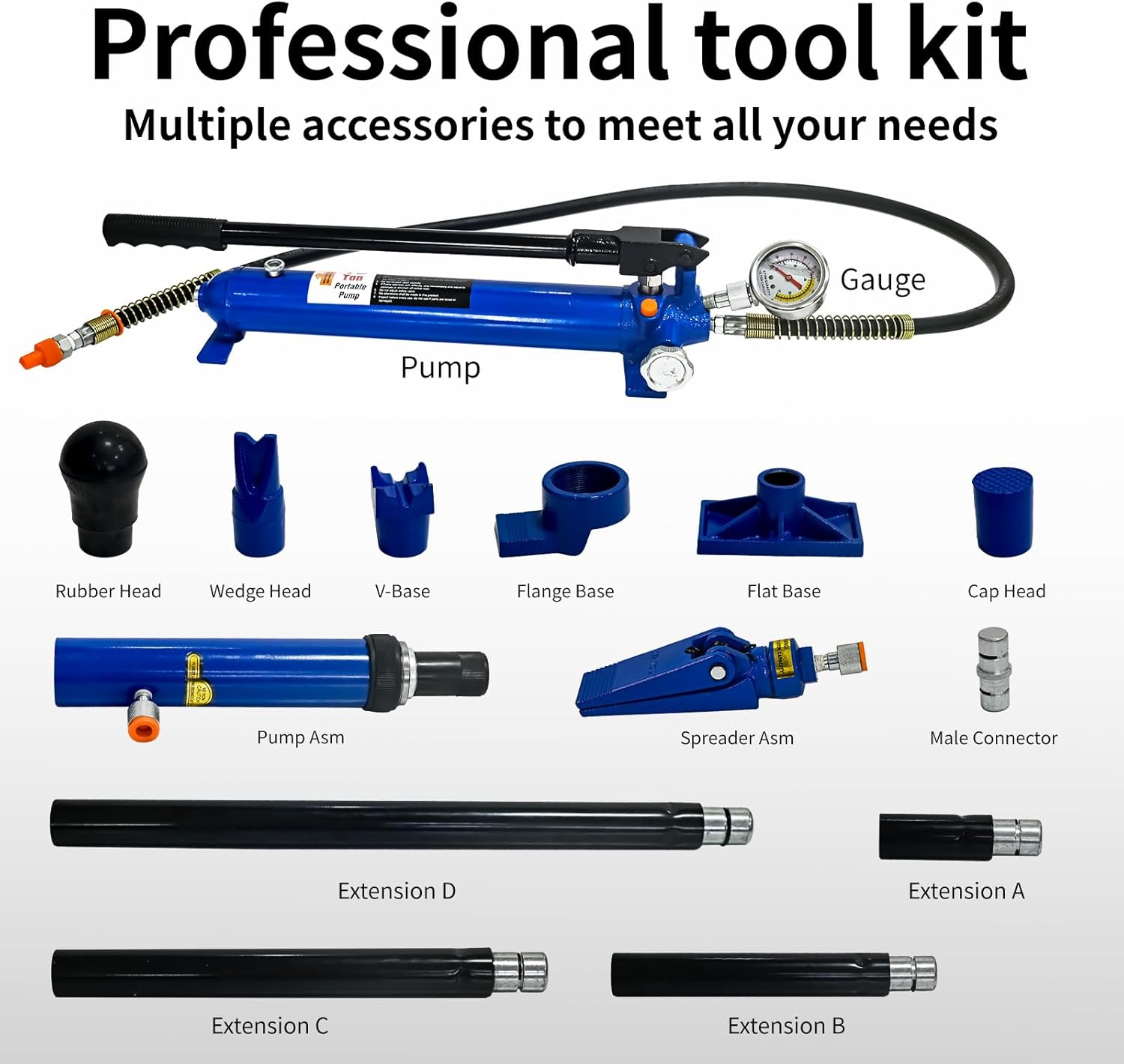 10 Ton (20,000 lbs) Porta Power Hydraulic Jack Ram Body Frame Collision Repair Kit, 17-Pc Heavy Duty Steel Set with Gauge & Blow Mold Case for Auto, Truck, Farm