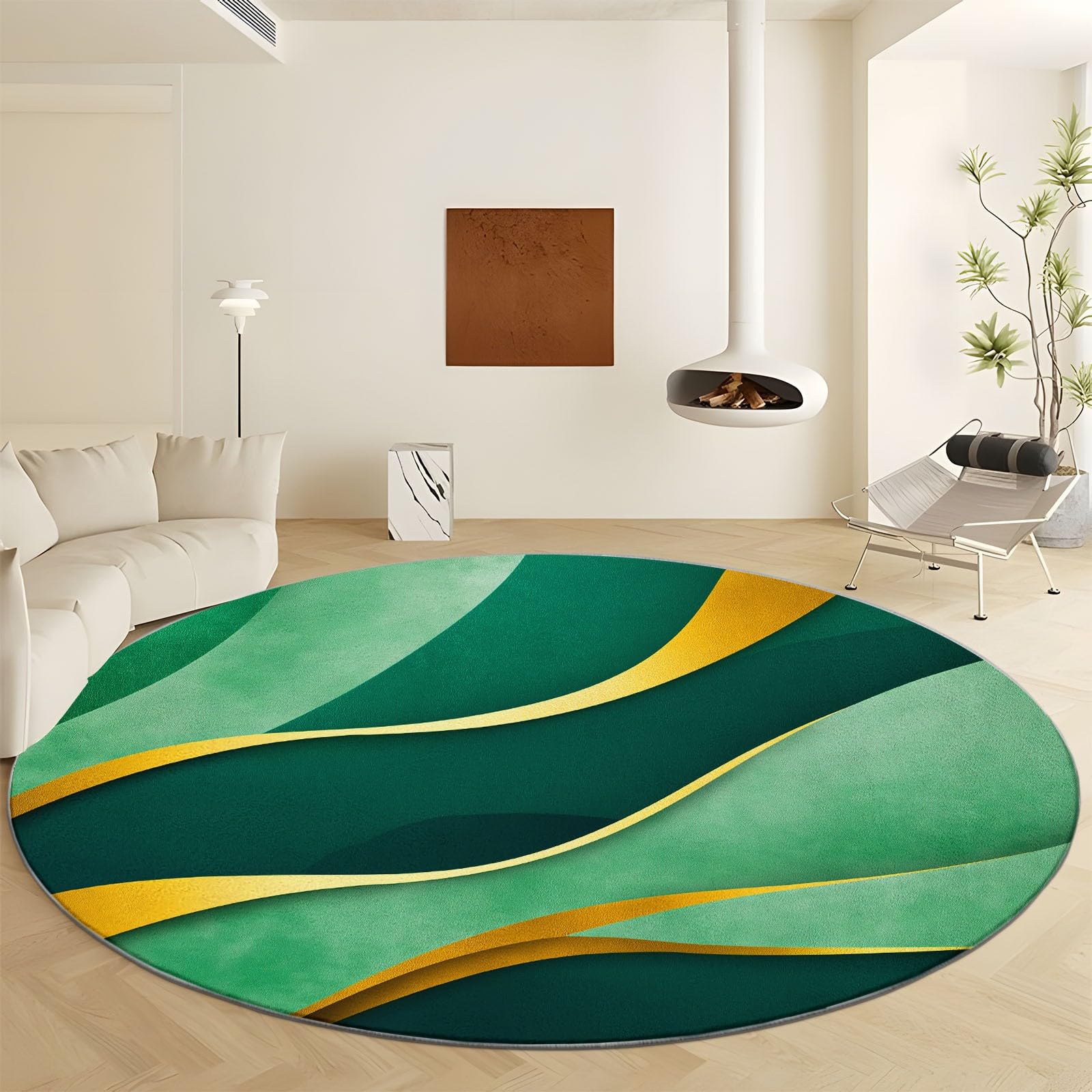 Générique Tapis Rond à Vagues Or Vert, Tapis de Ultra Fin Diamètre 180 cm, Doux, Antidérapant et Lavable, Couleur Design Abstrait pour Chambre Entrée Salle à Manger ou Dortoir Familial