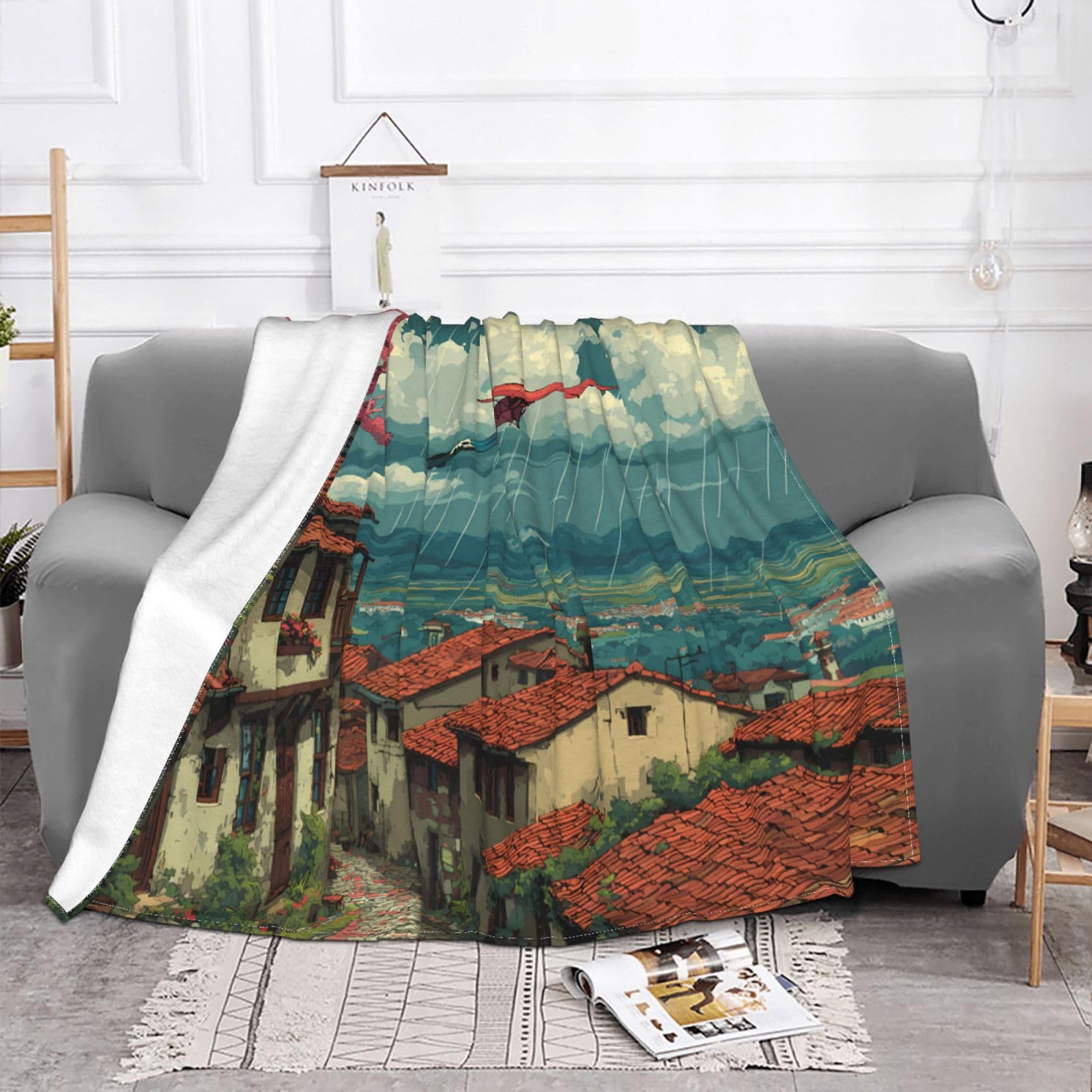 Manta de viaje portátil de 80 x 60 pulgadas, suave, resistente a las arrugas, plegable, exquisita impresión de cometas sobre las colinas